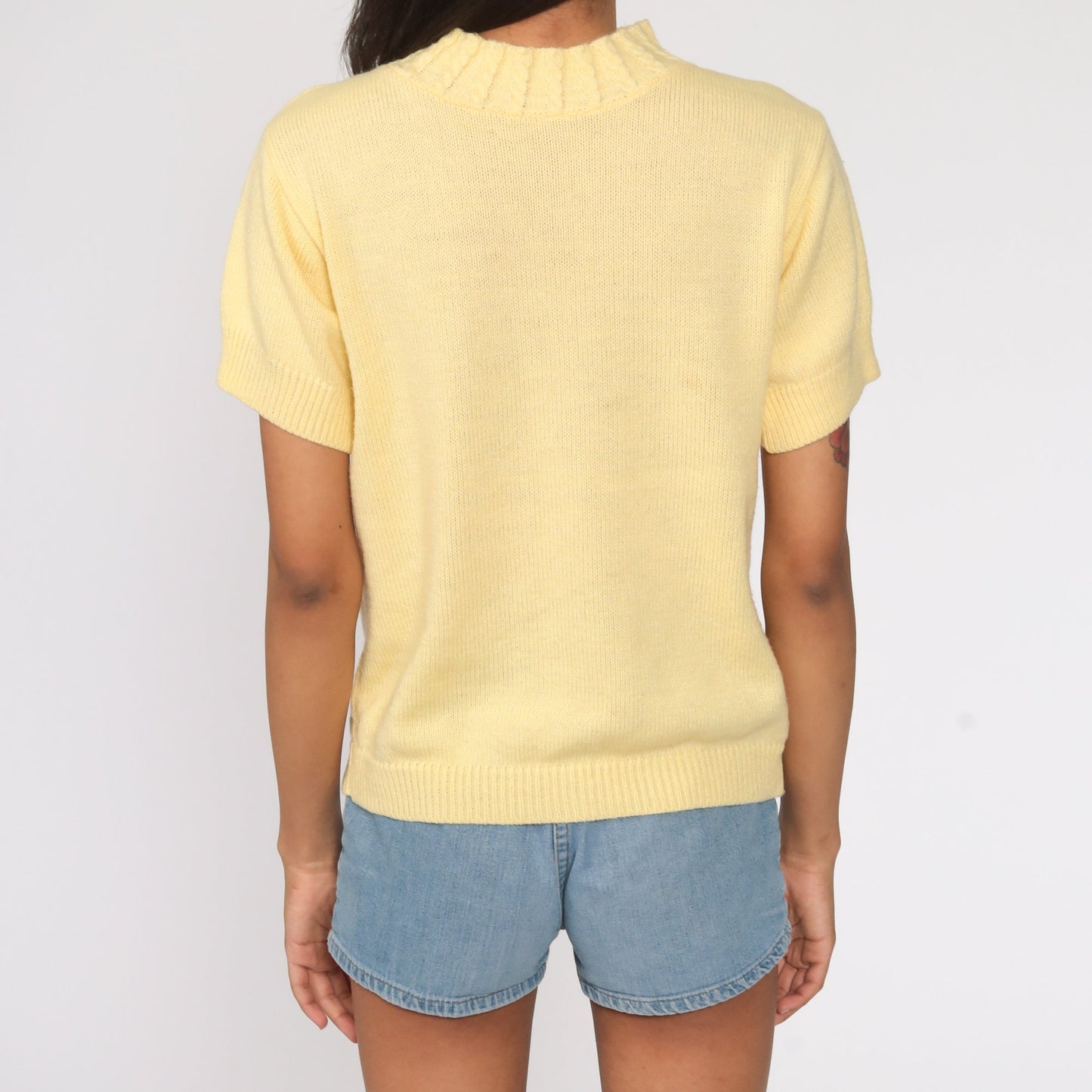 80s Yellow Mock Neck Knit Top Short Sleeve Cable Sweater Small