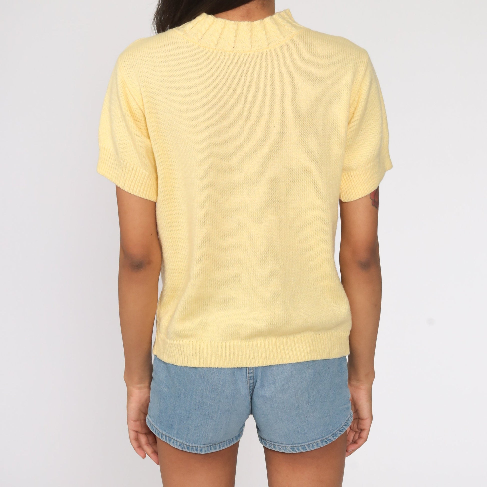 80s Yellow Mock Neck Knit Top Short Sleeve Cable Sweater Small