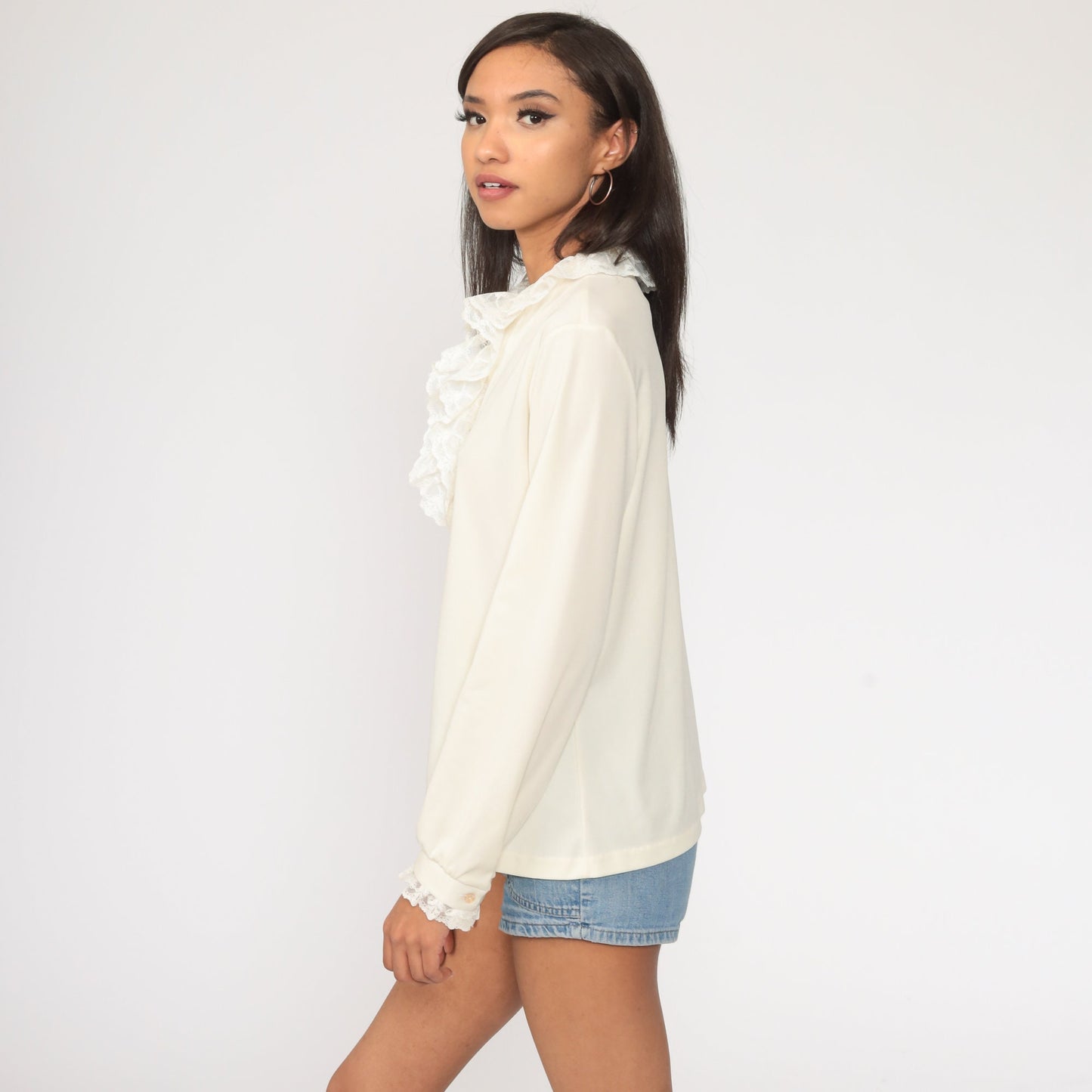 70s Cream Lace Ruffle Blouse High Collar Long Sleeve Button Up Large