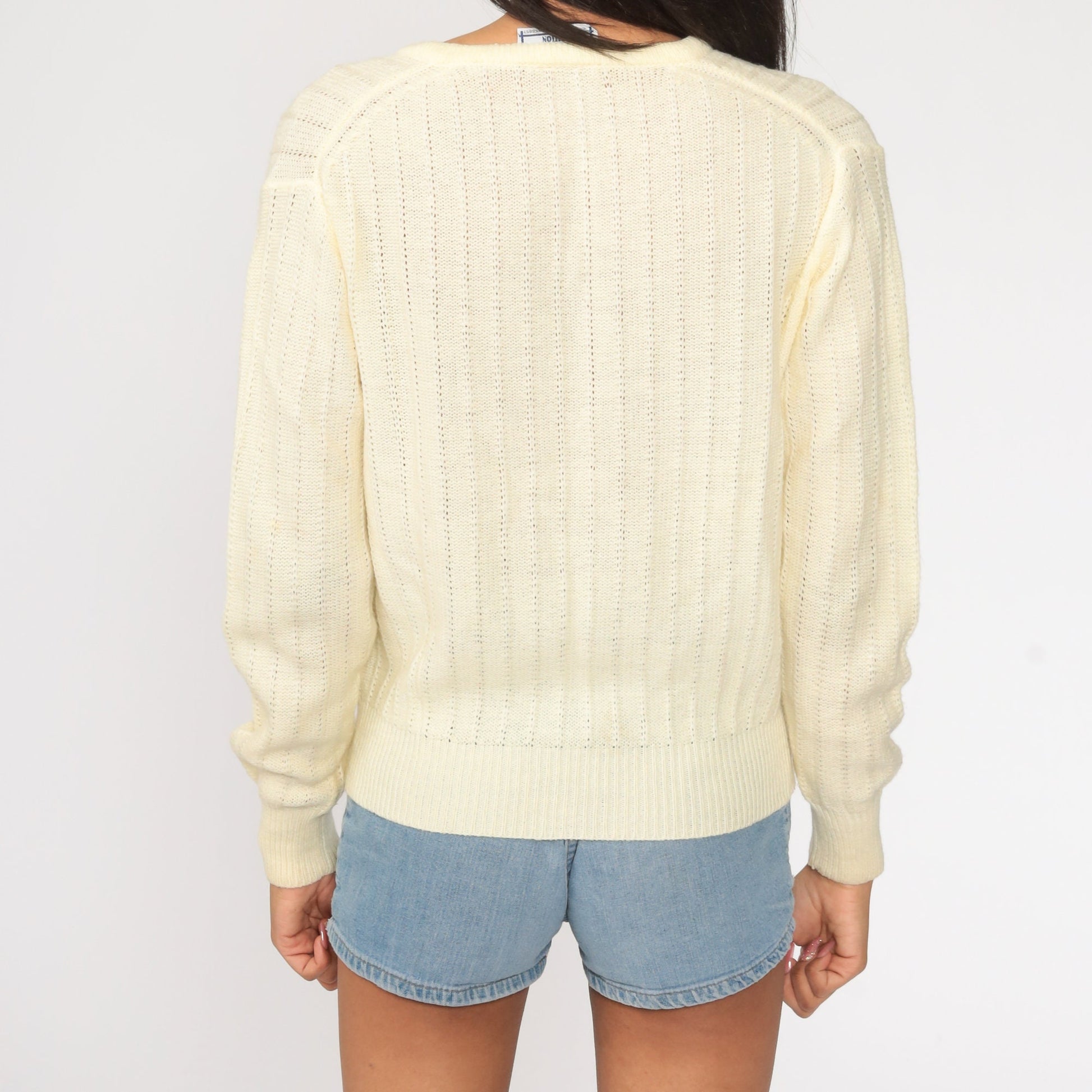 80s Cream V-Neck Knit Sweater Pointelle Slouchy Pullover Medium