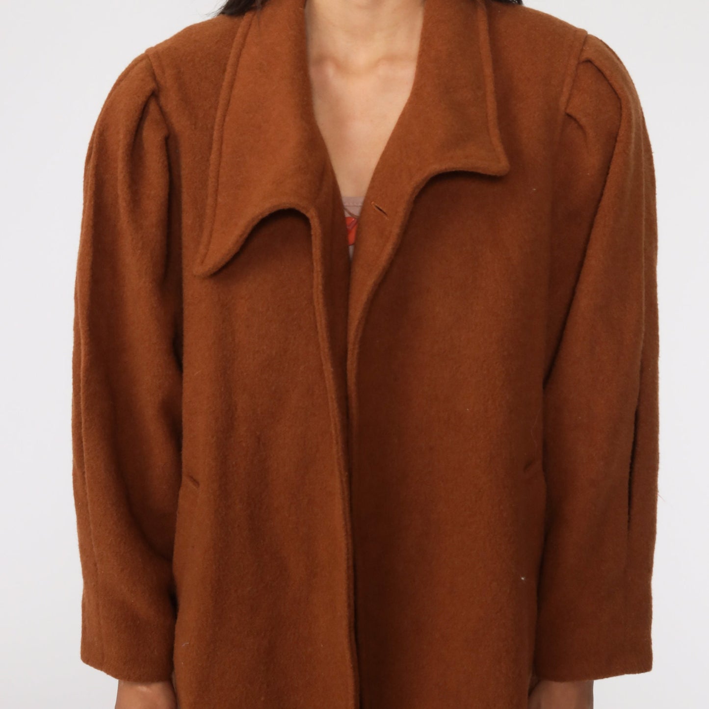 80s Brown Wool Coat Puff Sleeve Single Button Neck Extra Large
