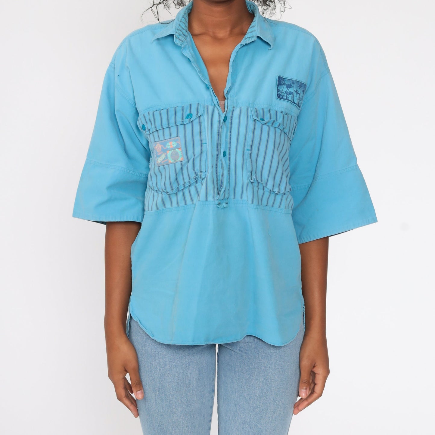 90s Tropical Palm Tree Button Up Shirt Blue Striped Distressed Medium Large