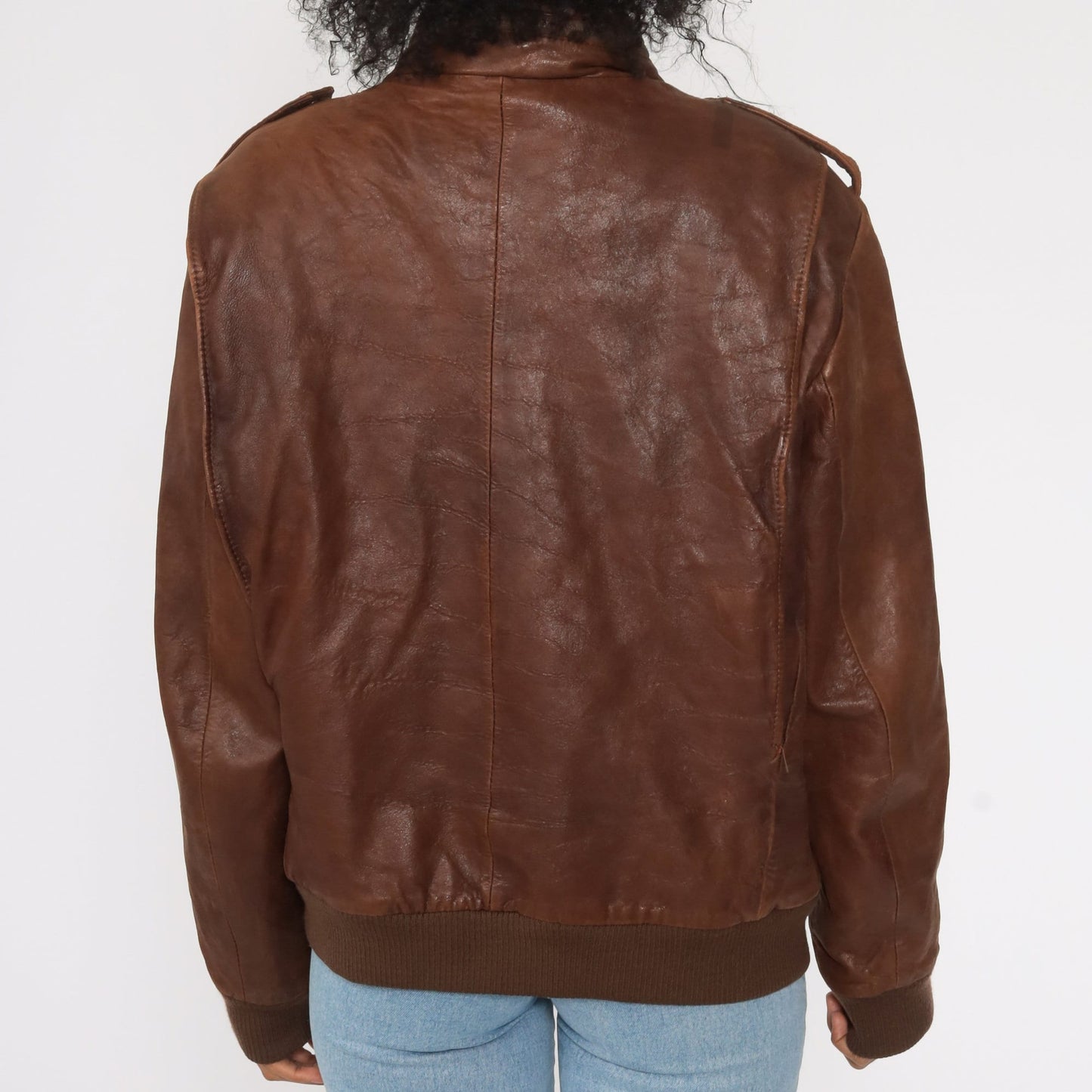 80s Brown Leather Bomber Jacket Moto Cafe Racer Men's Large 44