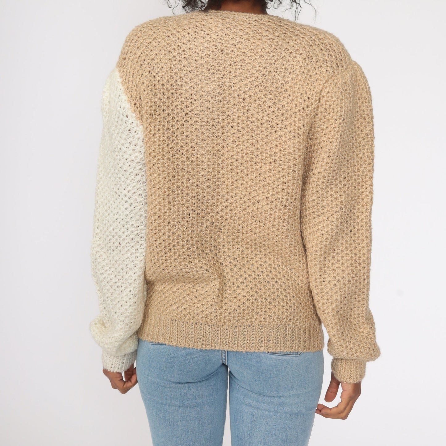 80s Color Block Cardigan Sweater Keyhole Puff Sleeve Knit Tan Medium