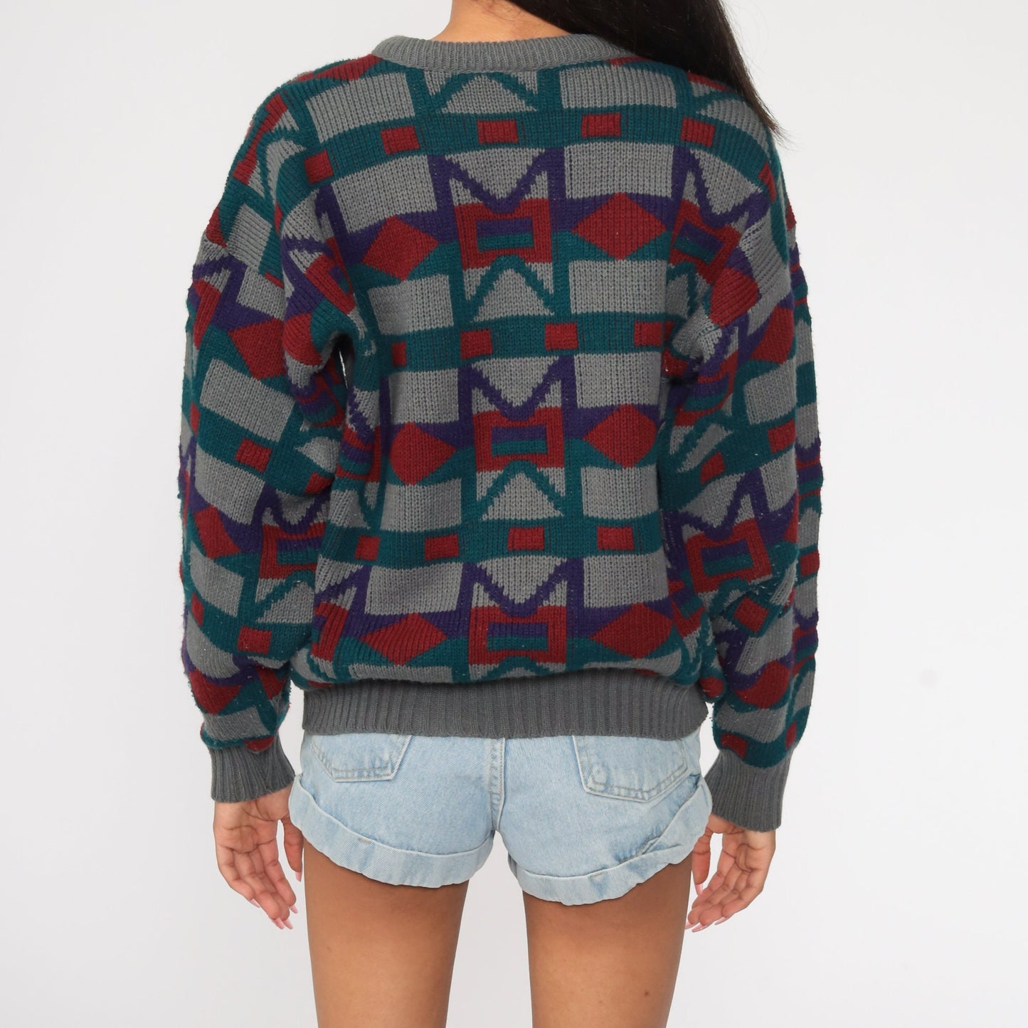 80s Geometric Print Knit Sweater Grey Pullover Large