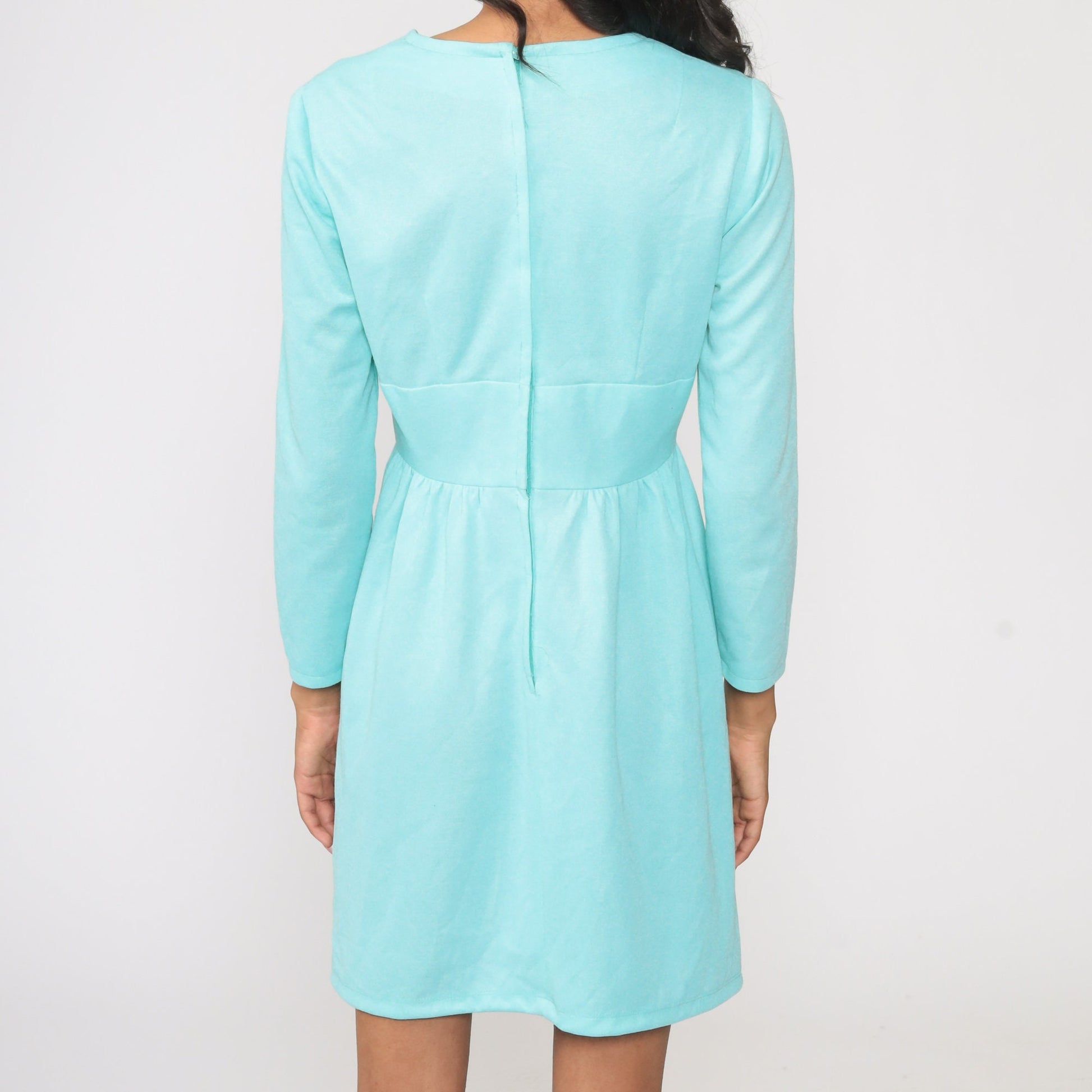 70s Blue Babydoll Mini Dress Deep V Neck Empire Waist Long Sleeve Small S