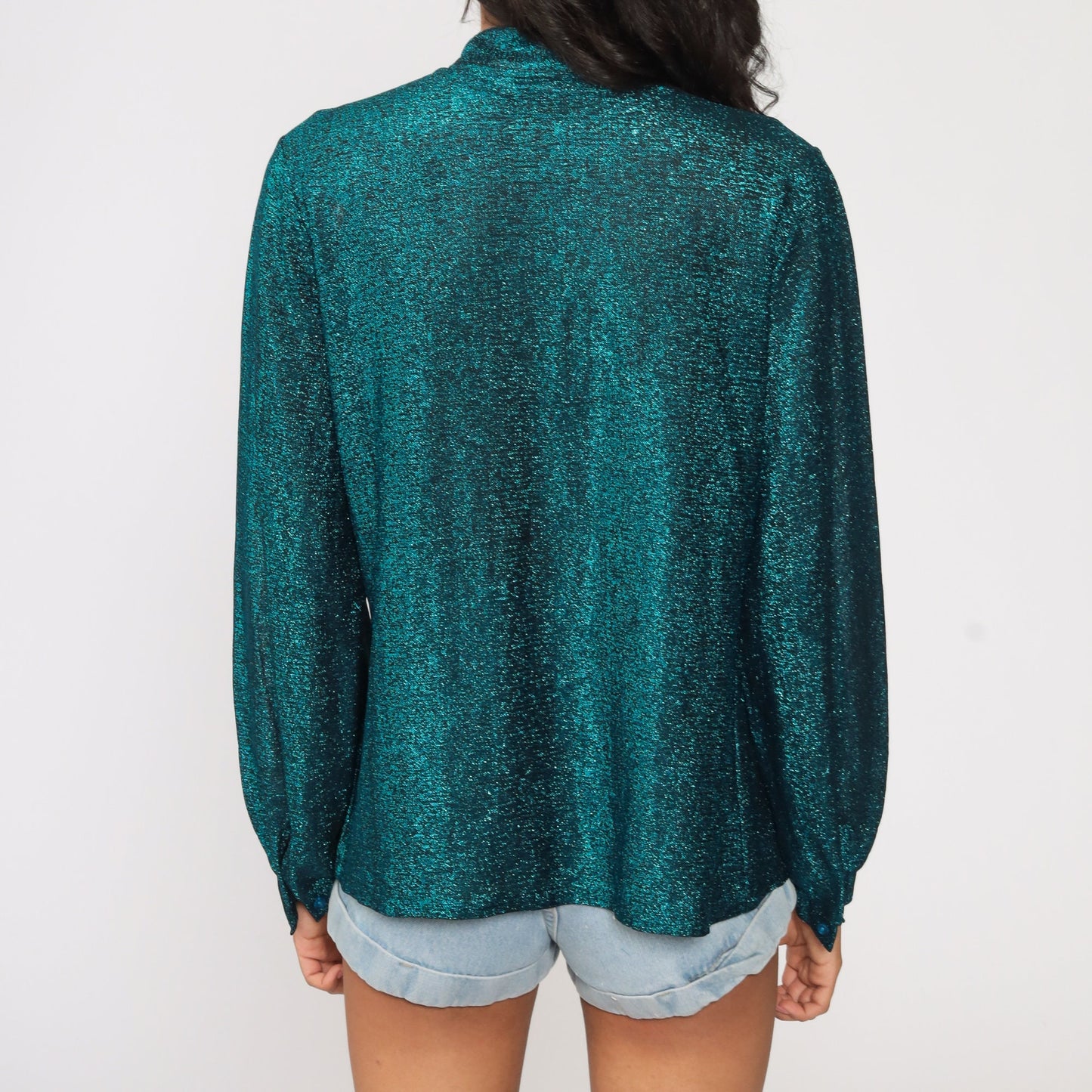 Metallic Blue Sheer Button-Up Blouse Long Sleeve 90s Medium