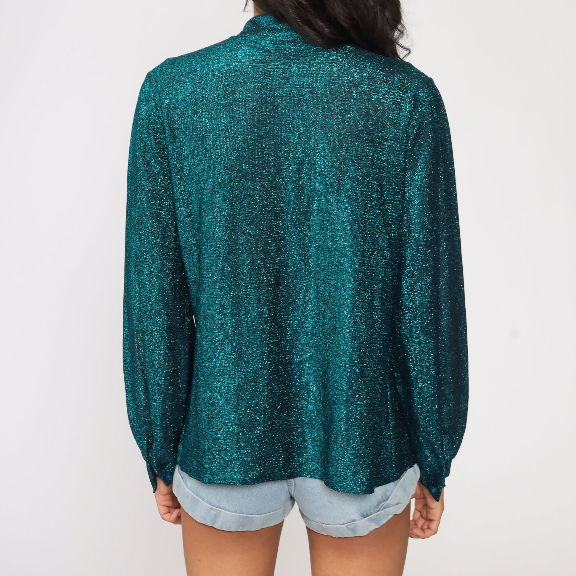 Metallic Blue Sheer Button-Up Blouse Long Sleeve 90s Medium