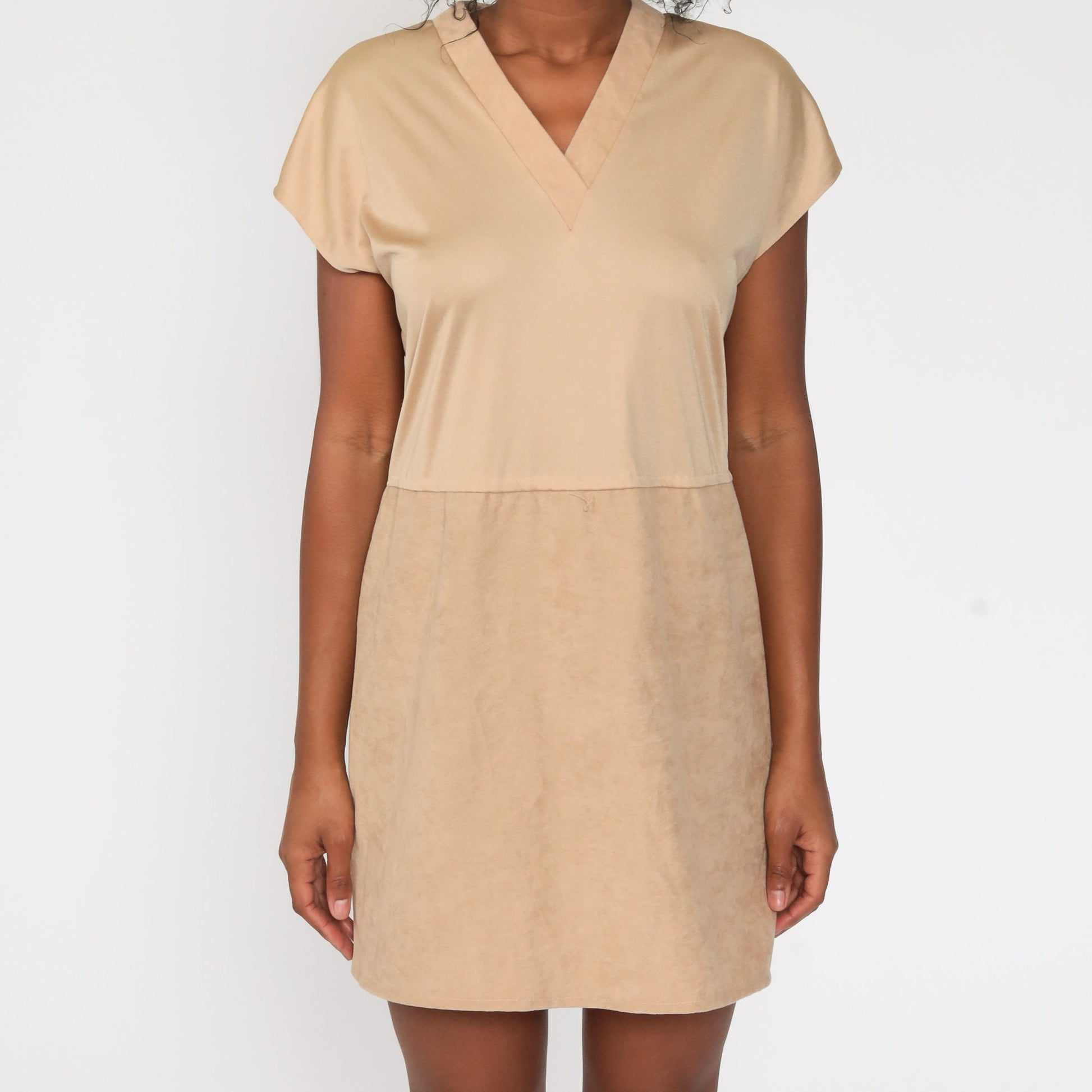 70s Tan Mini Dress V Neck Cap Sleeve High Waist Medium