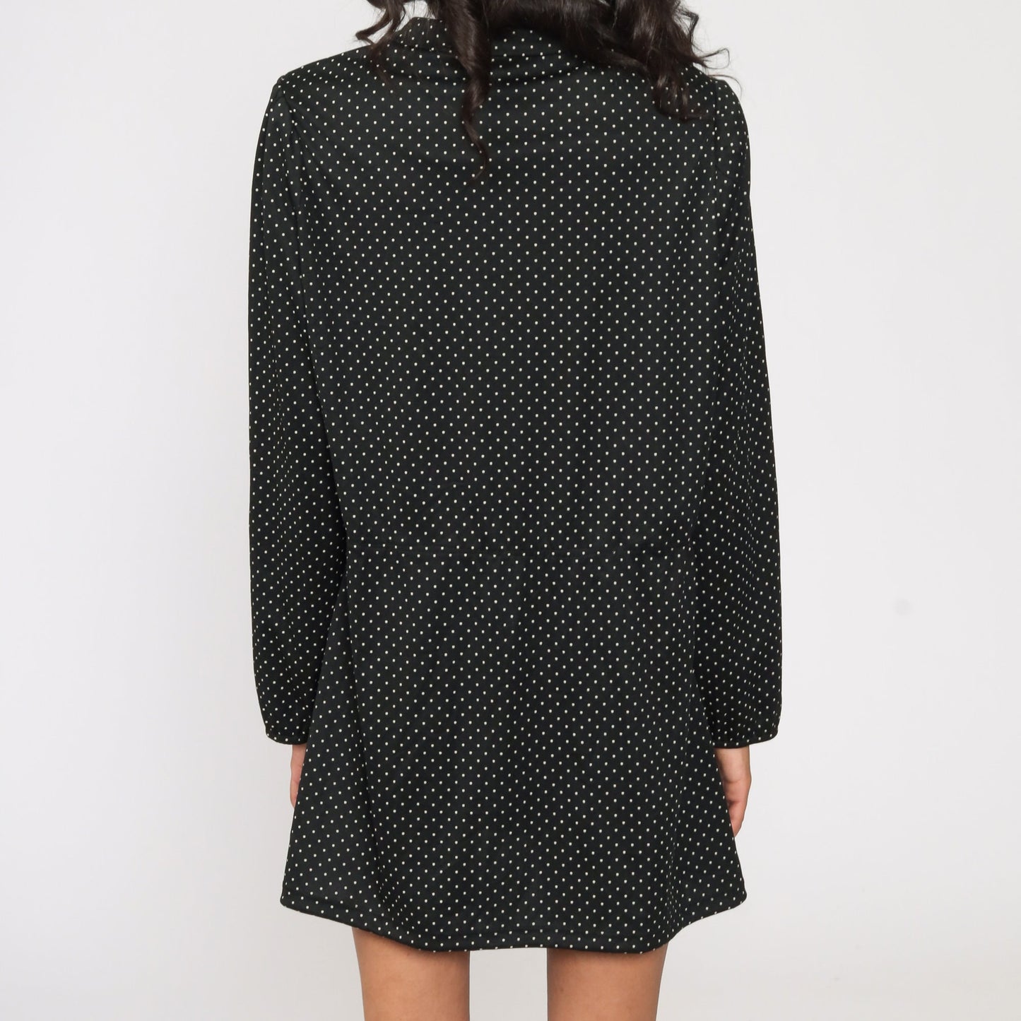 70s Black Polka Dot Ascot Bow Mini Dress Long Sleeve Extra Large XL