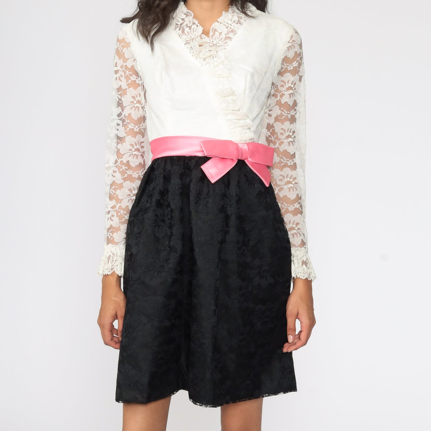 60s Black White Lace Mini Dress Pink Bow Long Sleeve Extra Small