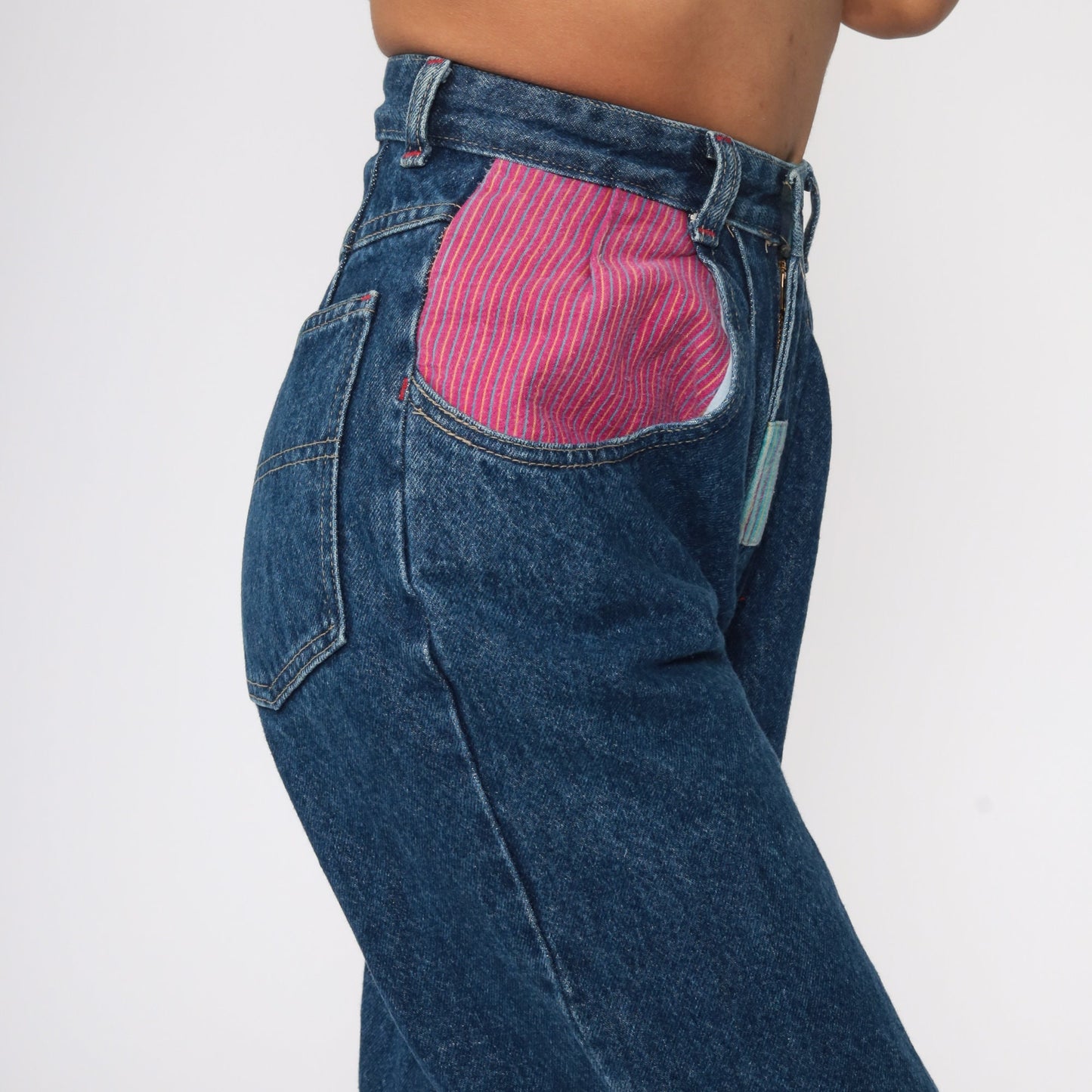 90s High Waisted Pleated Mom Jeans Blue Stone Wash Plaid Trim XXS