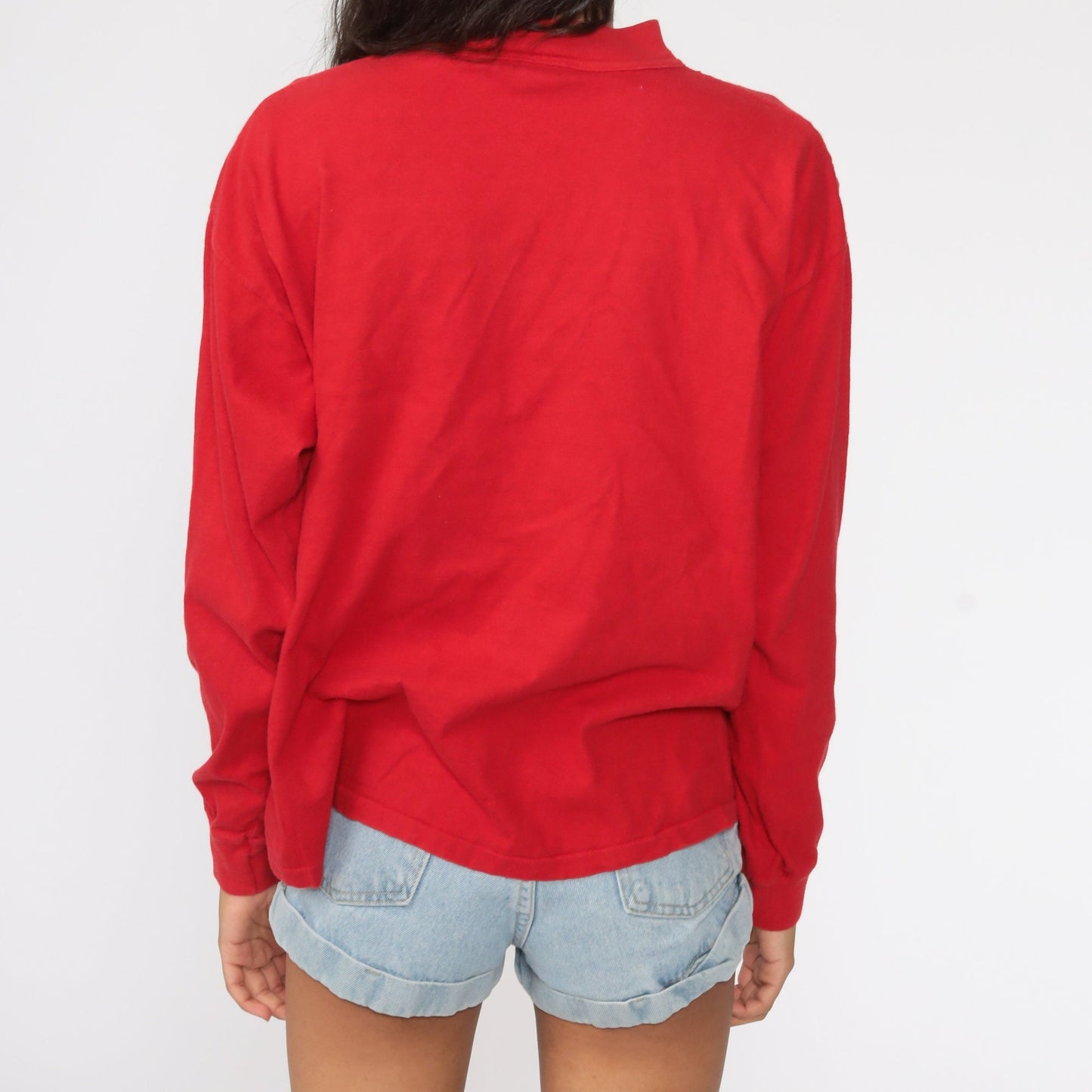 80s Plain Red Long Sleeve Cotton T-Shirt Medium