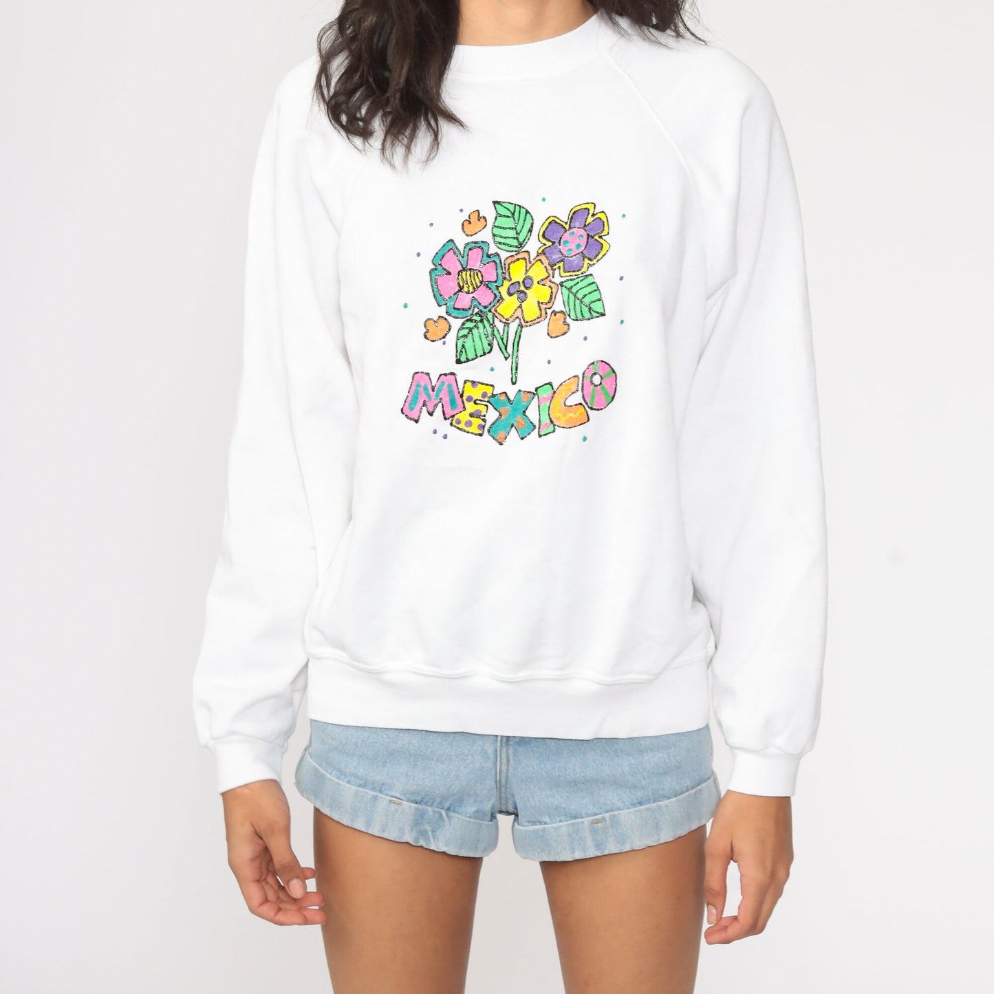 80s Mexico Hand Painted Raglan Sweatshirt White Neon Graphic Cotton Medium