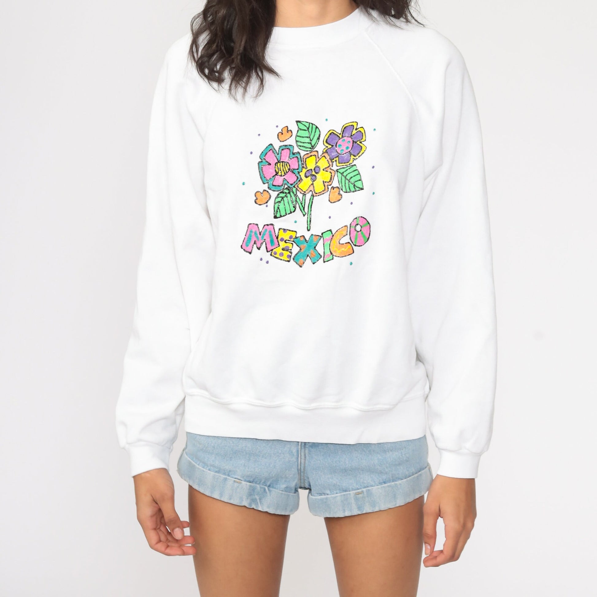 80s Mexico Hand Painted Raglan Sweatshirt White Neon Graphic Cotton Medium