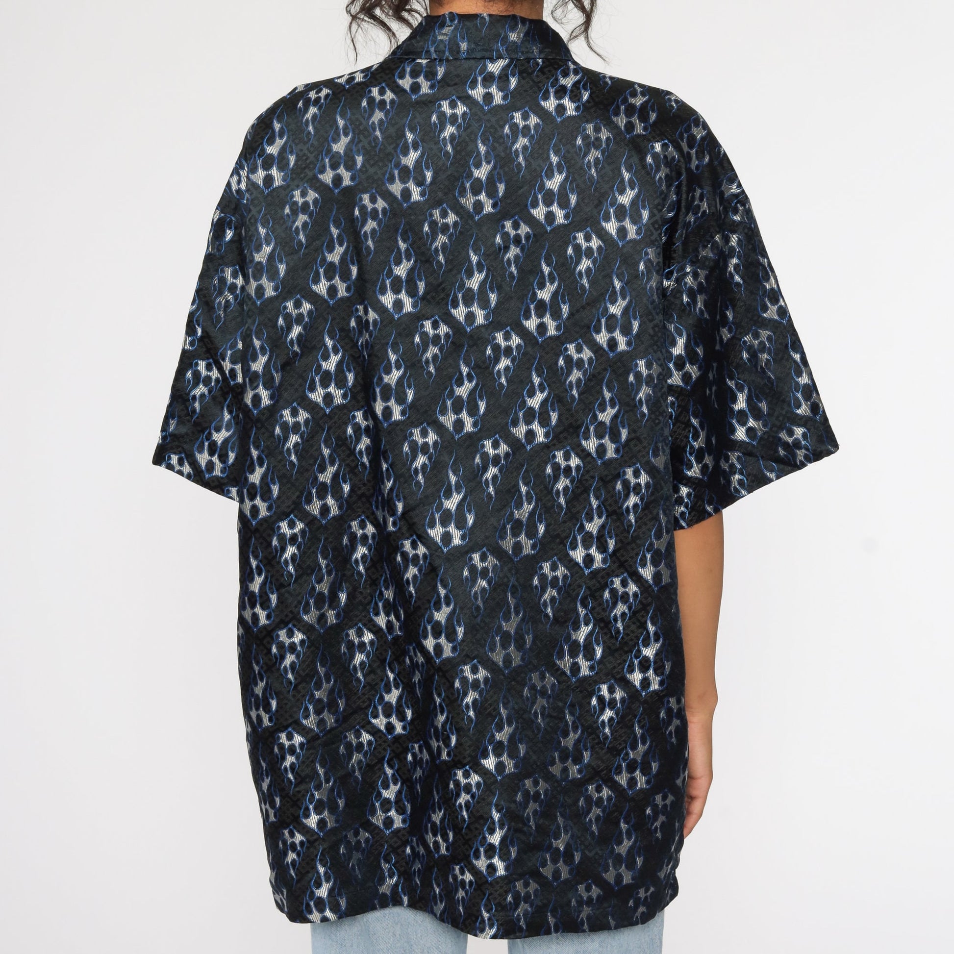 Y2K Flames Button-Up Shirt Blue Short Sleeve 00s Raver Top Extra Large XL