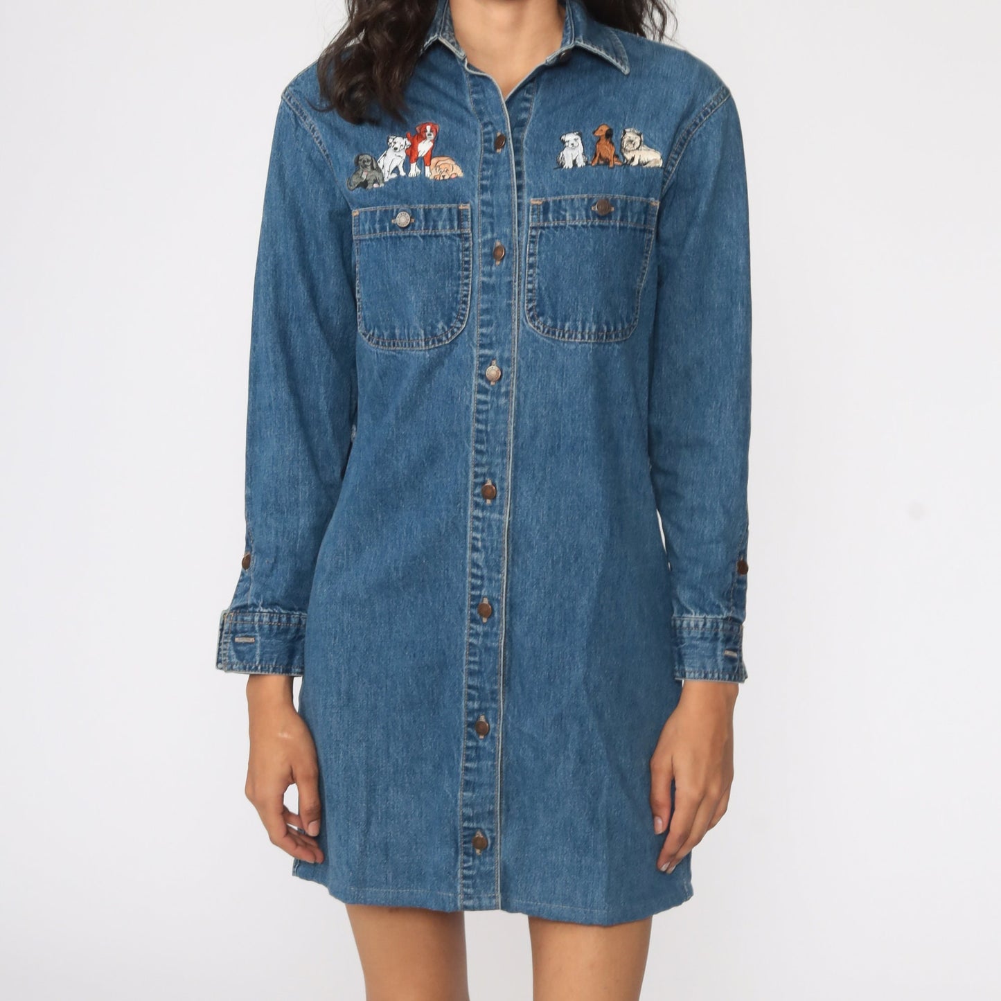 90s Calvin Klein Denim Mini Dress Embroidered Dogs Blue Button-Up Small