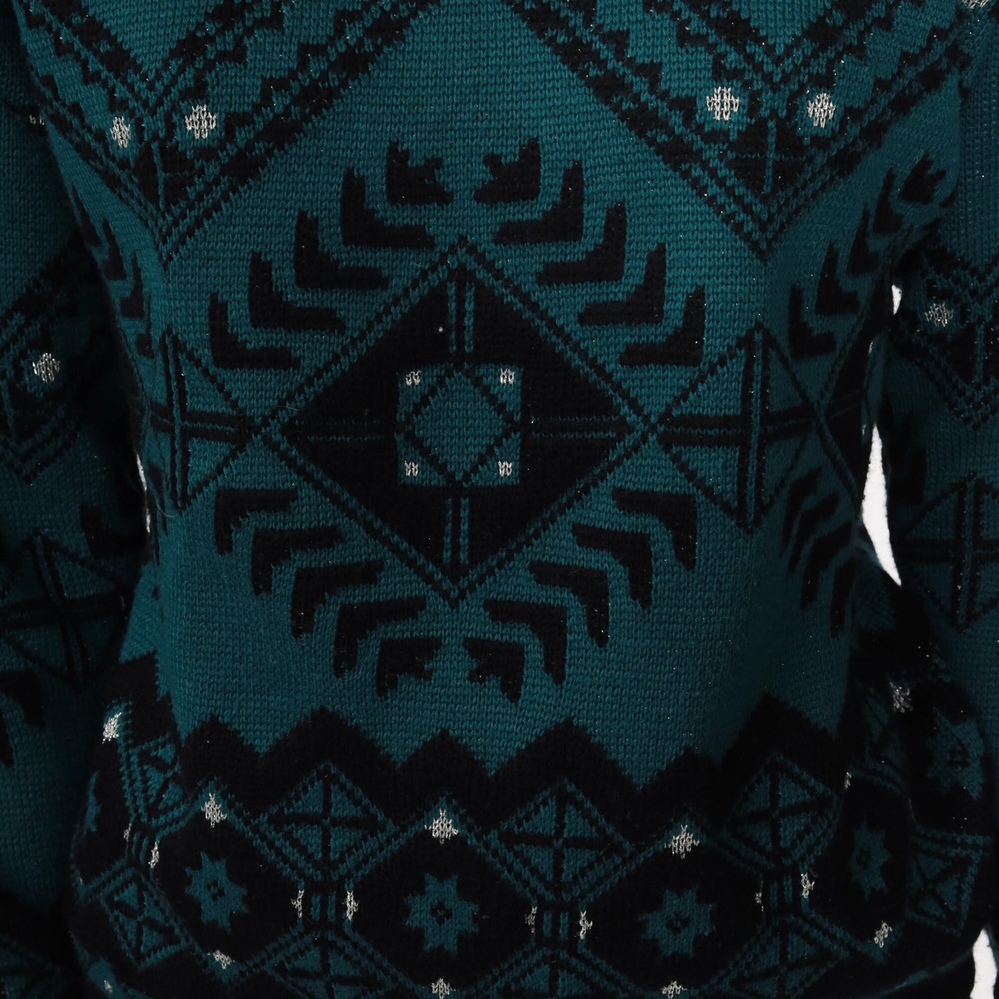 70s Geometric Wool Sweater Black Teal Metallic Pullover Medium