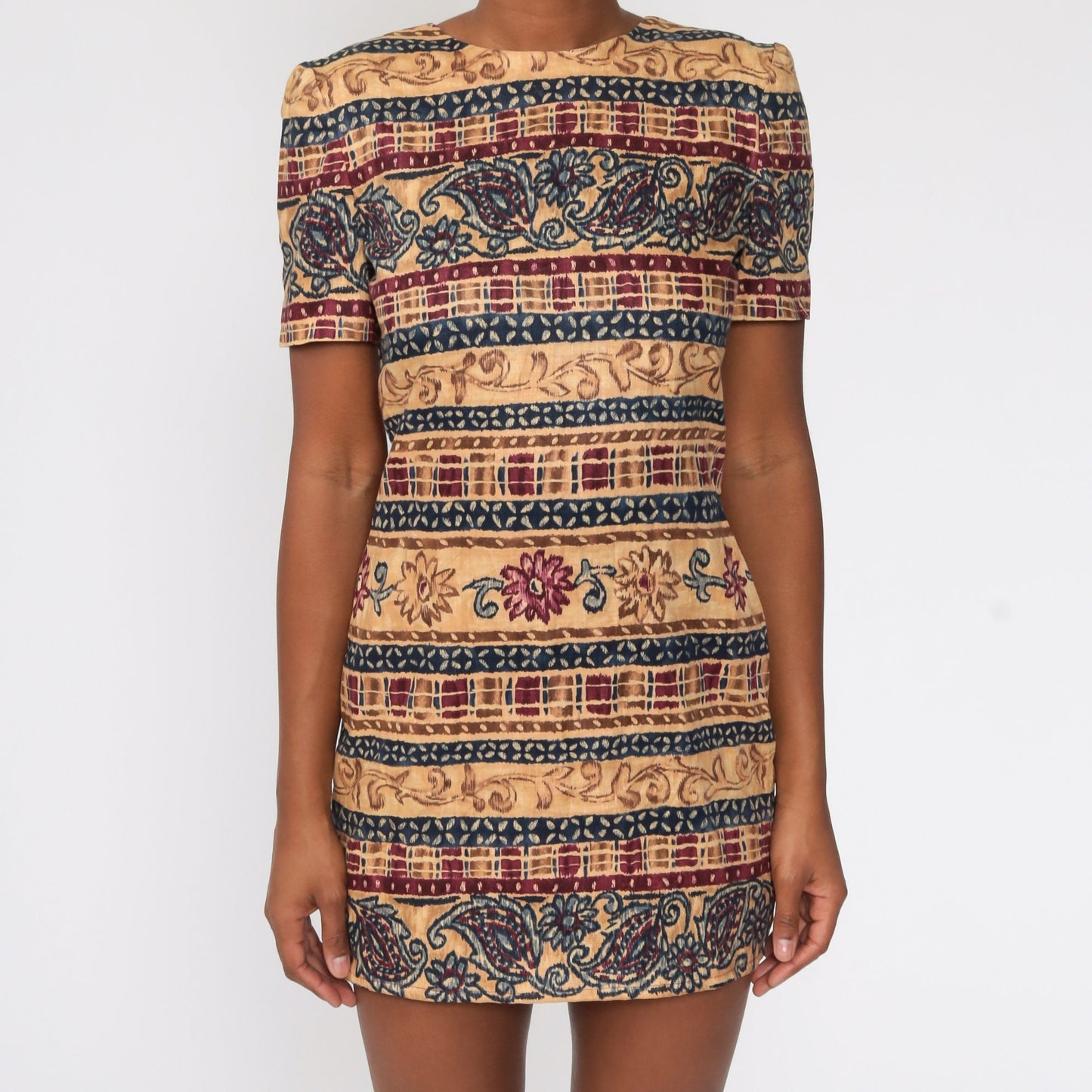 90s Liz Claiborne Floral Linen Mini Dress Yellow Striped Button Back Small