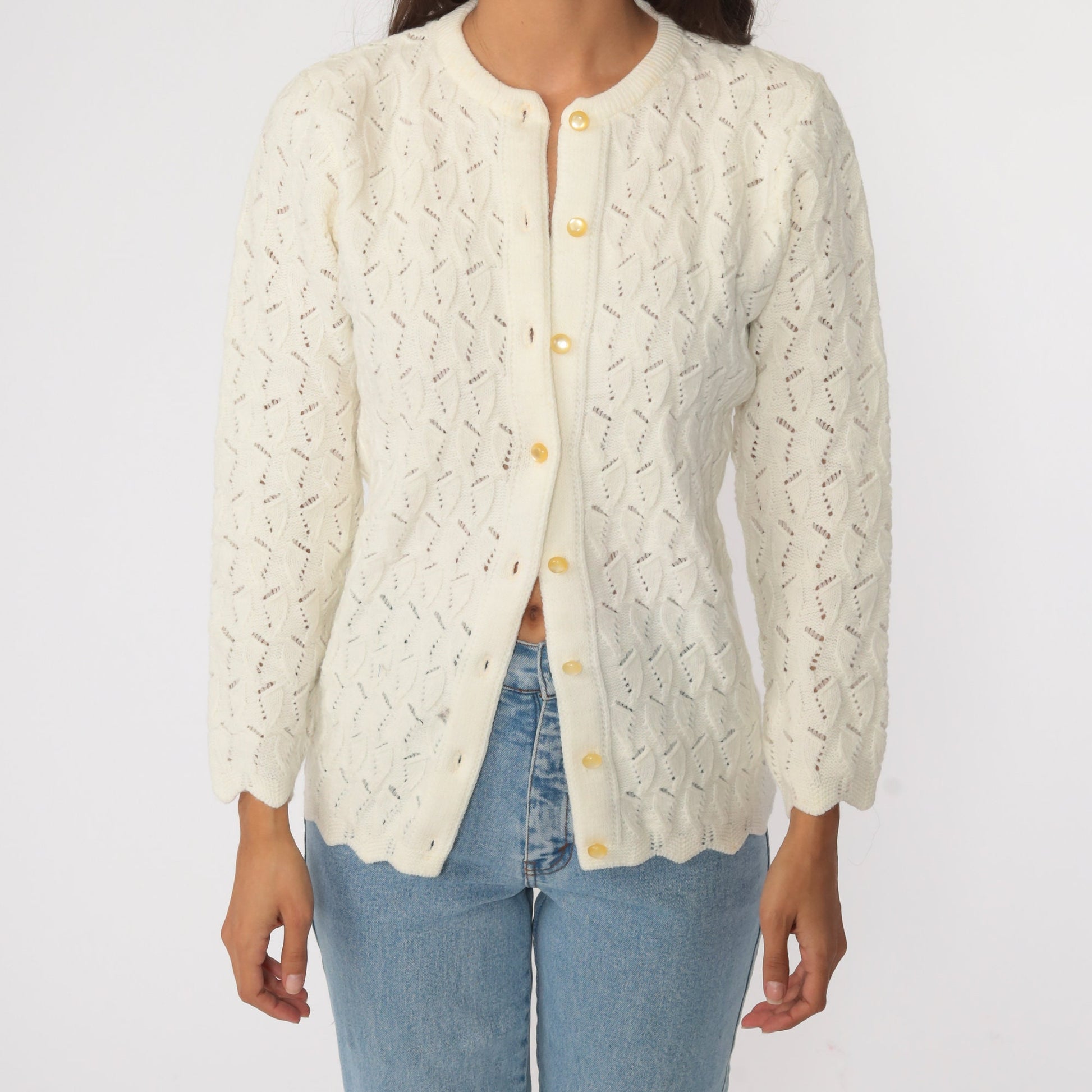 70s Off-White Pointelle Cardigan Sweater Button Up Small