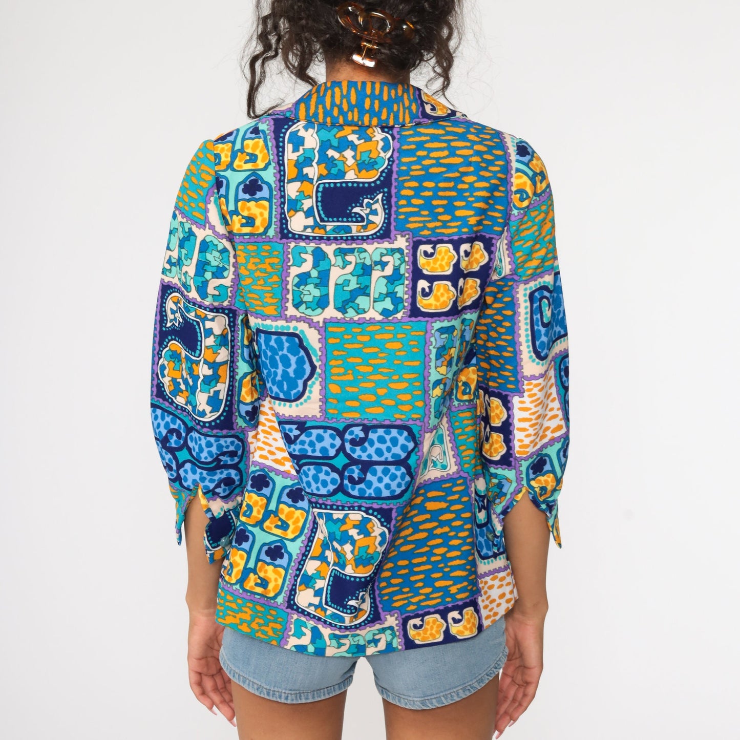 70s Psychedelic Acid Print Button-Up Shirt Blue 3/4 Sleeve Small