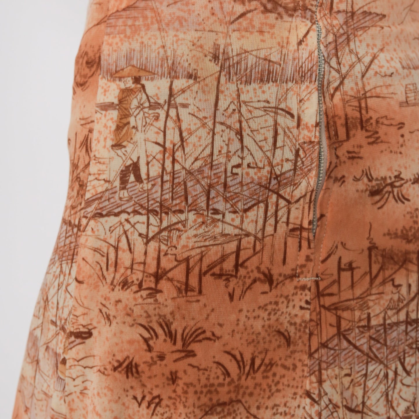 70s Asian Print Midi Skirt High Waist Orange Novelty Vintage Extra Small