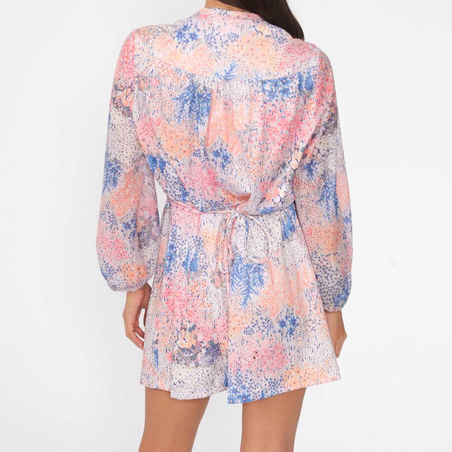 70s Floral Mini Dress Pink Purple Long Sleeve High Waist Button Up Medium Large