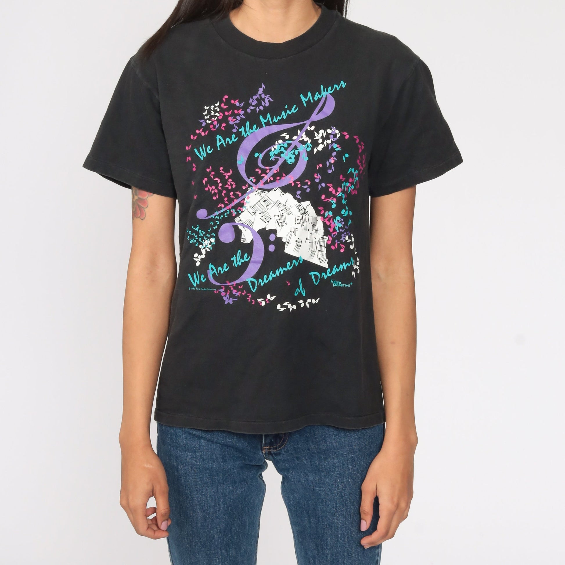 90s Hanes Music Note Graphic T-Shirt Black Cotton Tee Extra Small