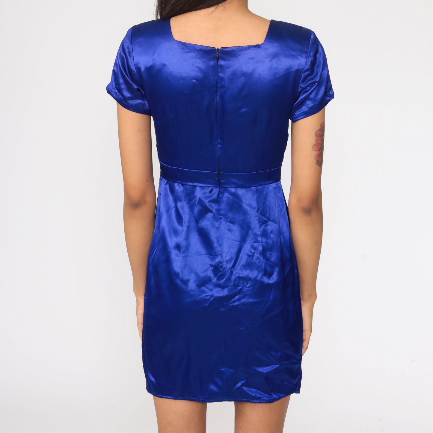 90s Blue Satin Velvet Mini Dress Empire Waist Bow Short Sleeve Extra Small