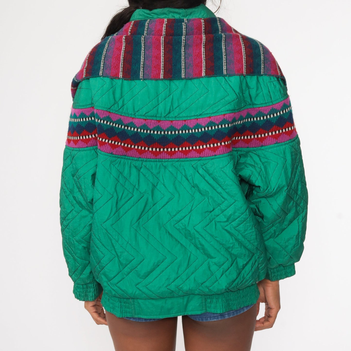 80s Green Puffer Ski Jacket with Attached Knit Scarf Large L