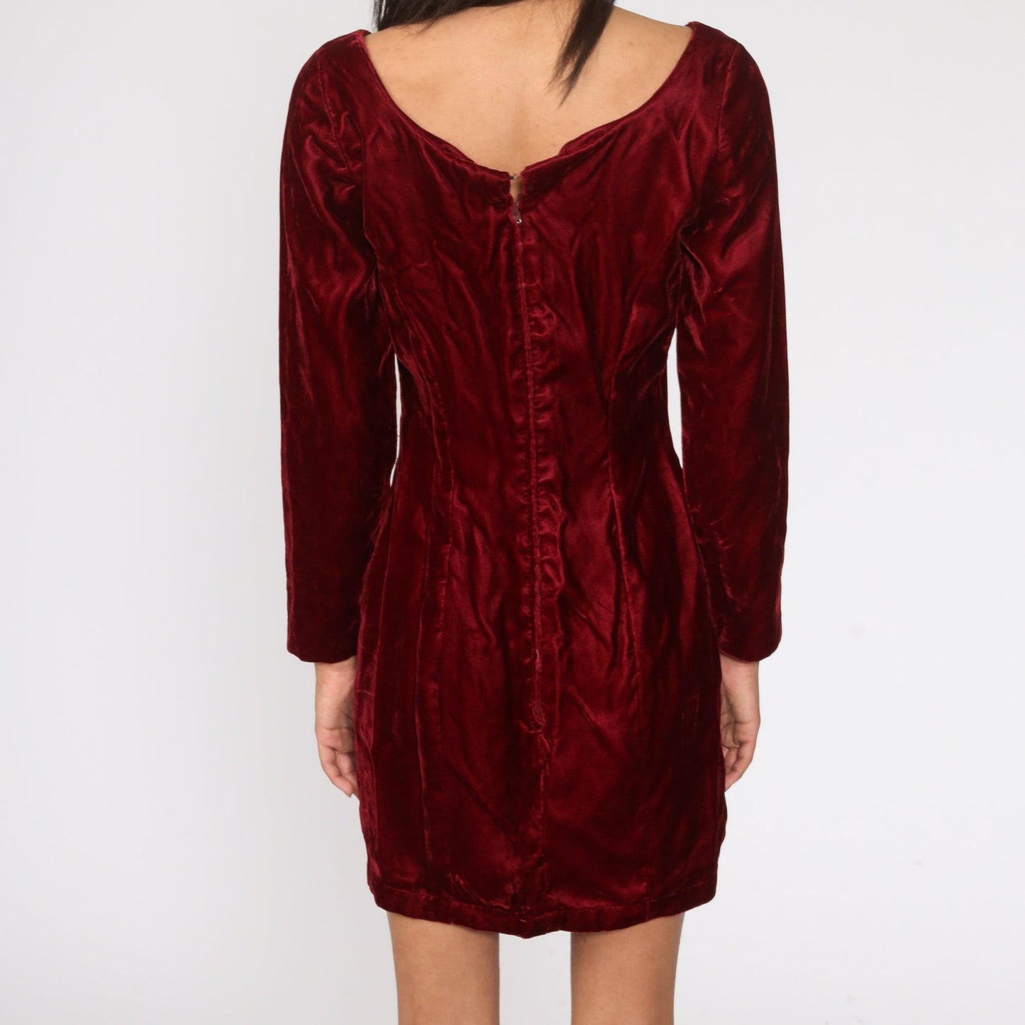 60s Red Velvet Mini Dress Long Sleeve Sheath Cocktail Small