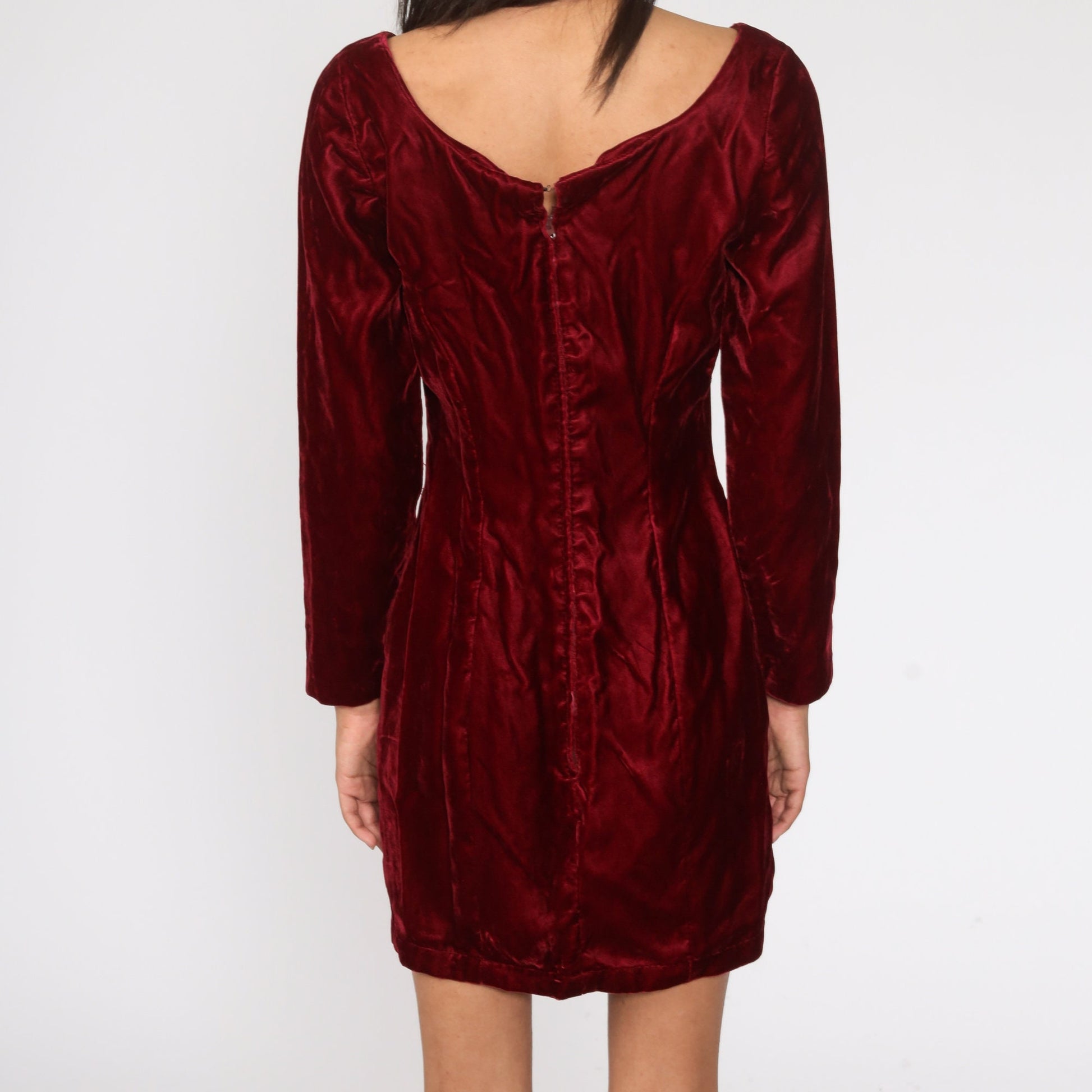 60s Red Velvet Mini Dress Long Sleeve Sheath Cocktail Small