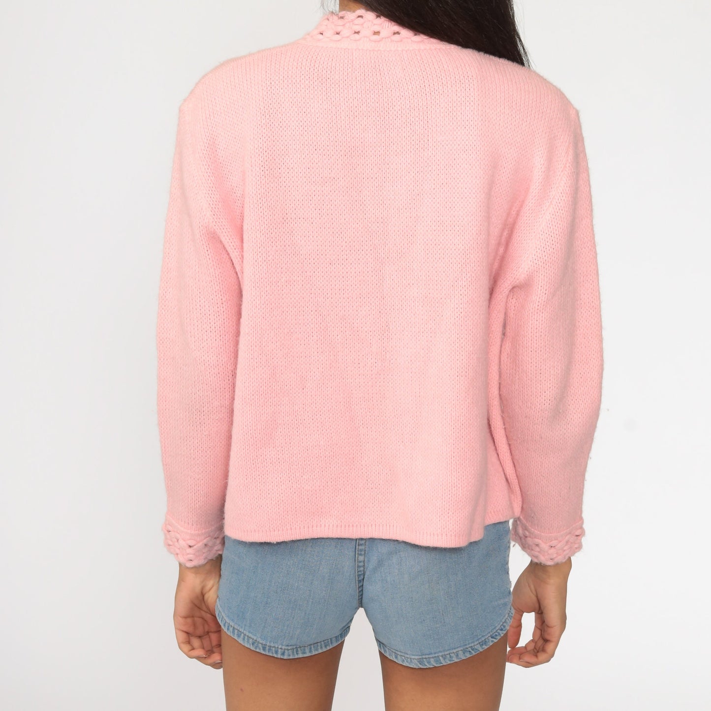 70s Pink Crochet Cardigan Sweater Open Front Knit Medium M