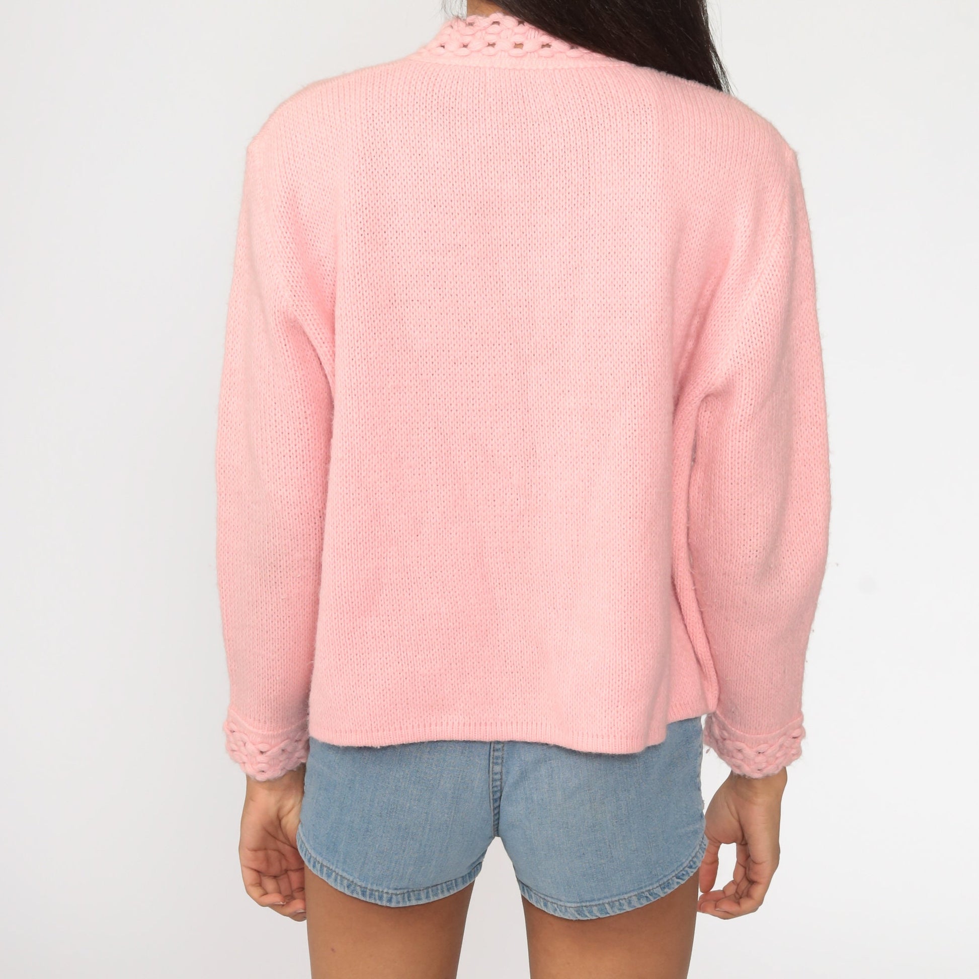 70s Pink Crochet Cardigan Sweater Open Front Knit Medium M