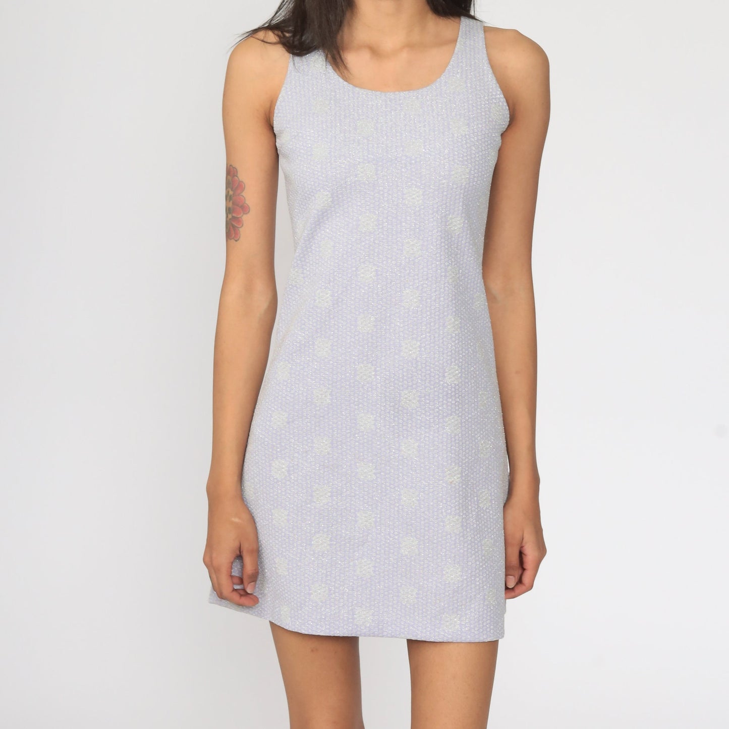 1970s Lavender Metallic Polka Dot Mini Dress Sleeveless Sheath Extra Small