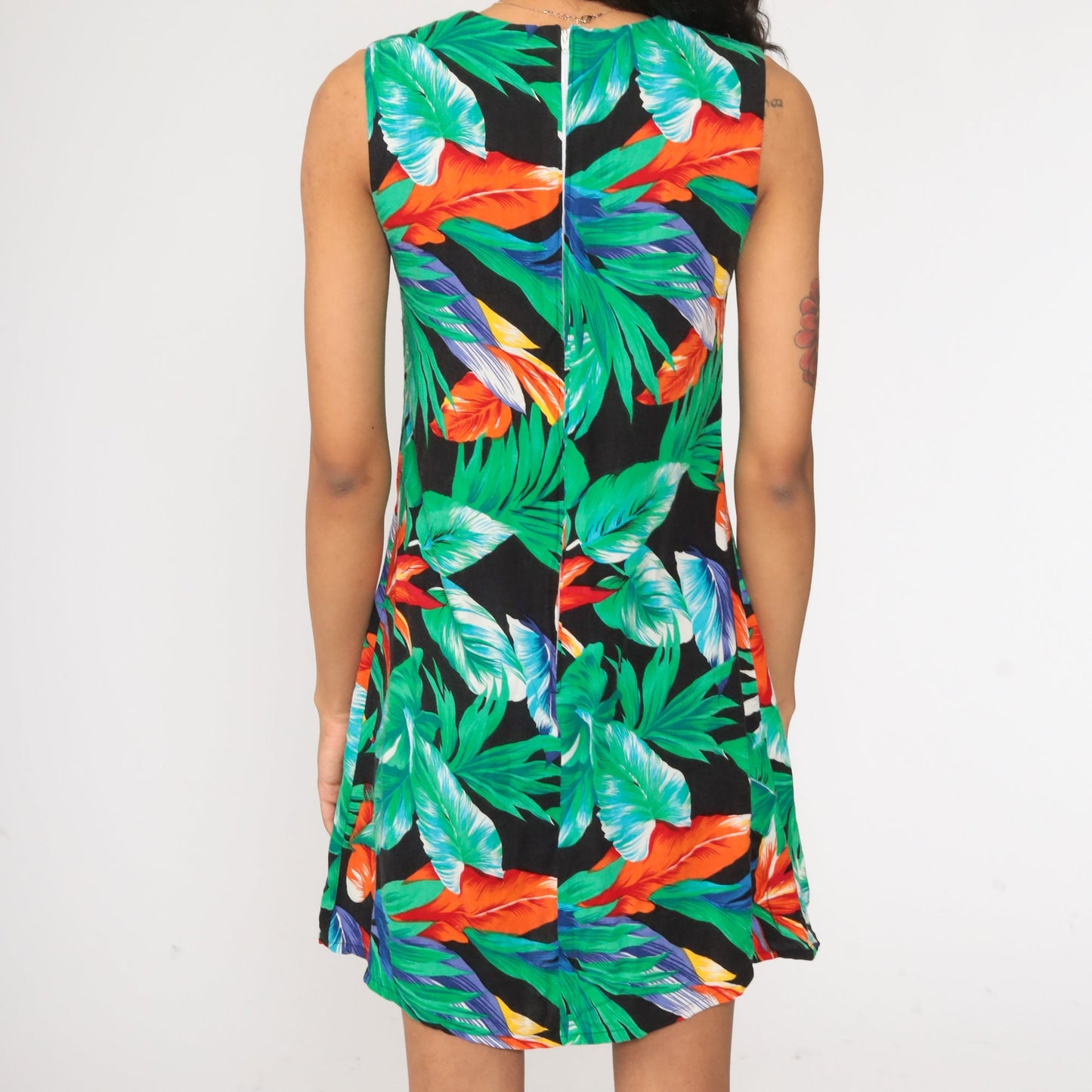 90s Tropical Floral Mini Shift Dress Sleeveless Flower Print Extra Small
