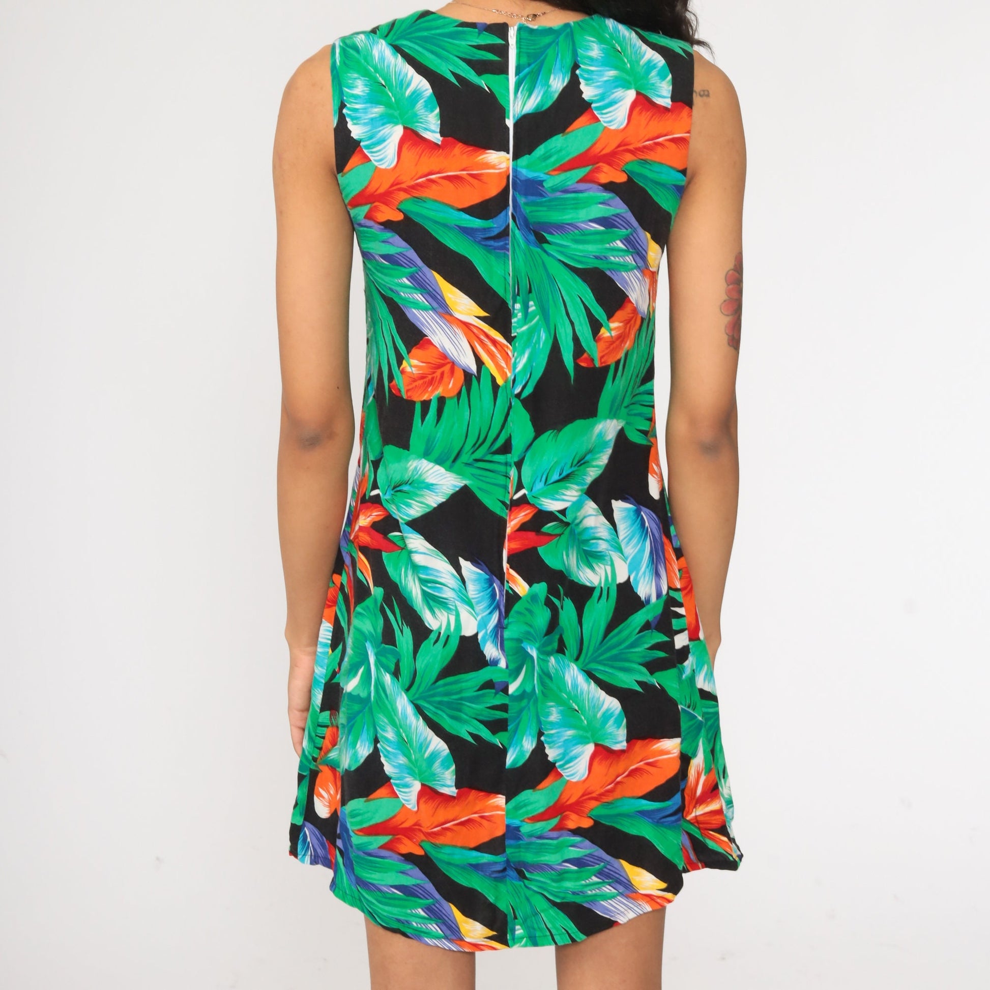 90s Tropical Floral Mini Shift Dress Sleeveless Flower Print Extra Small