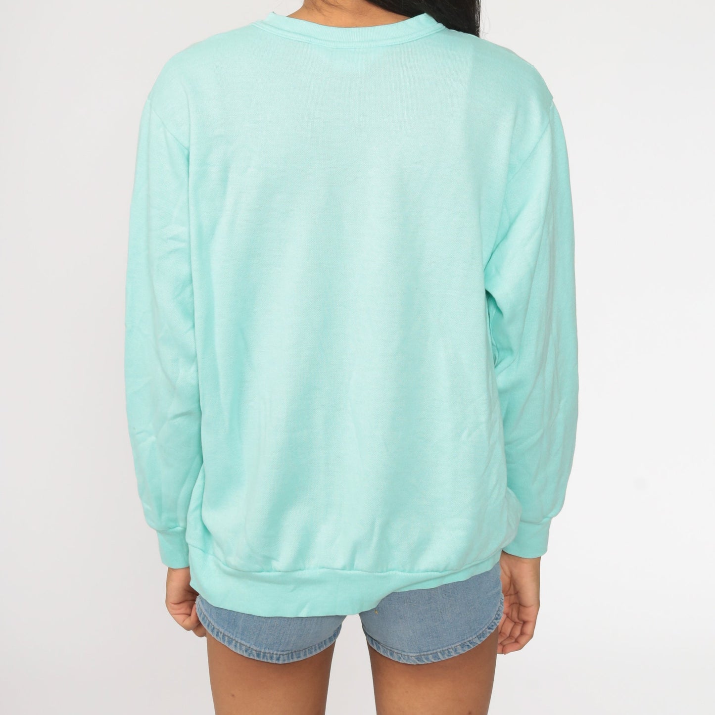 80s Live Laugh Love Slogan Sweatshirt Turquoise Graphic Crewneck Large