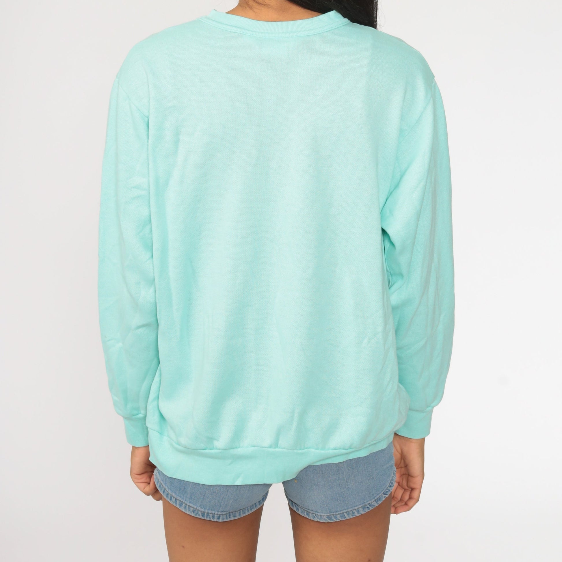 80s Live Laugh Love Slogan Sweatshirt Turquoise Graphic Crewneck Large