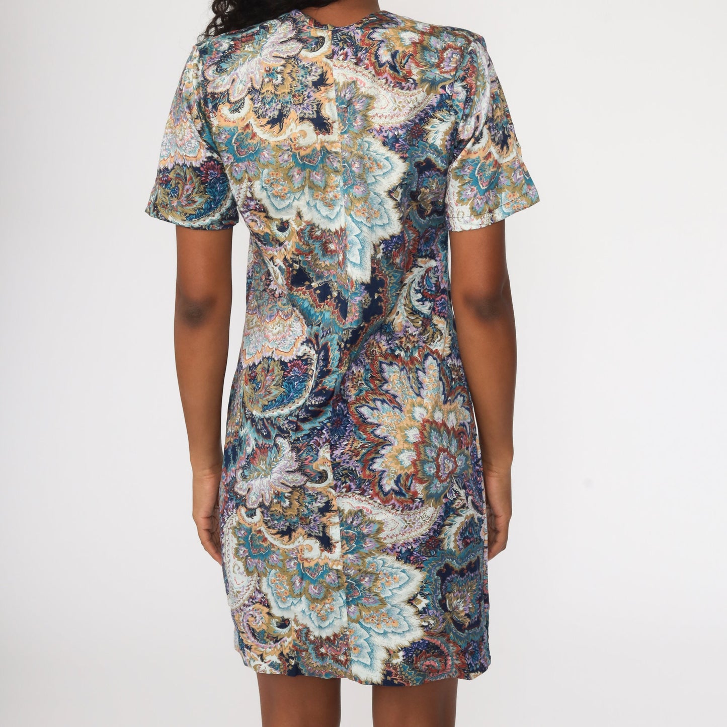 60s Psychedelic Paisley Shift Dress Mini V-Neck Blue Medium