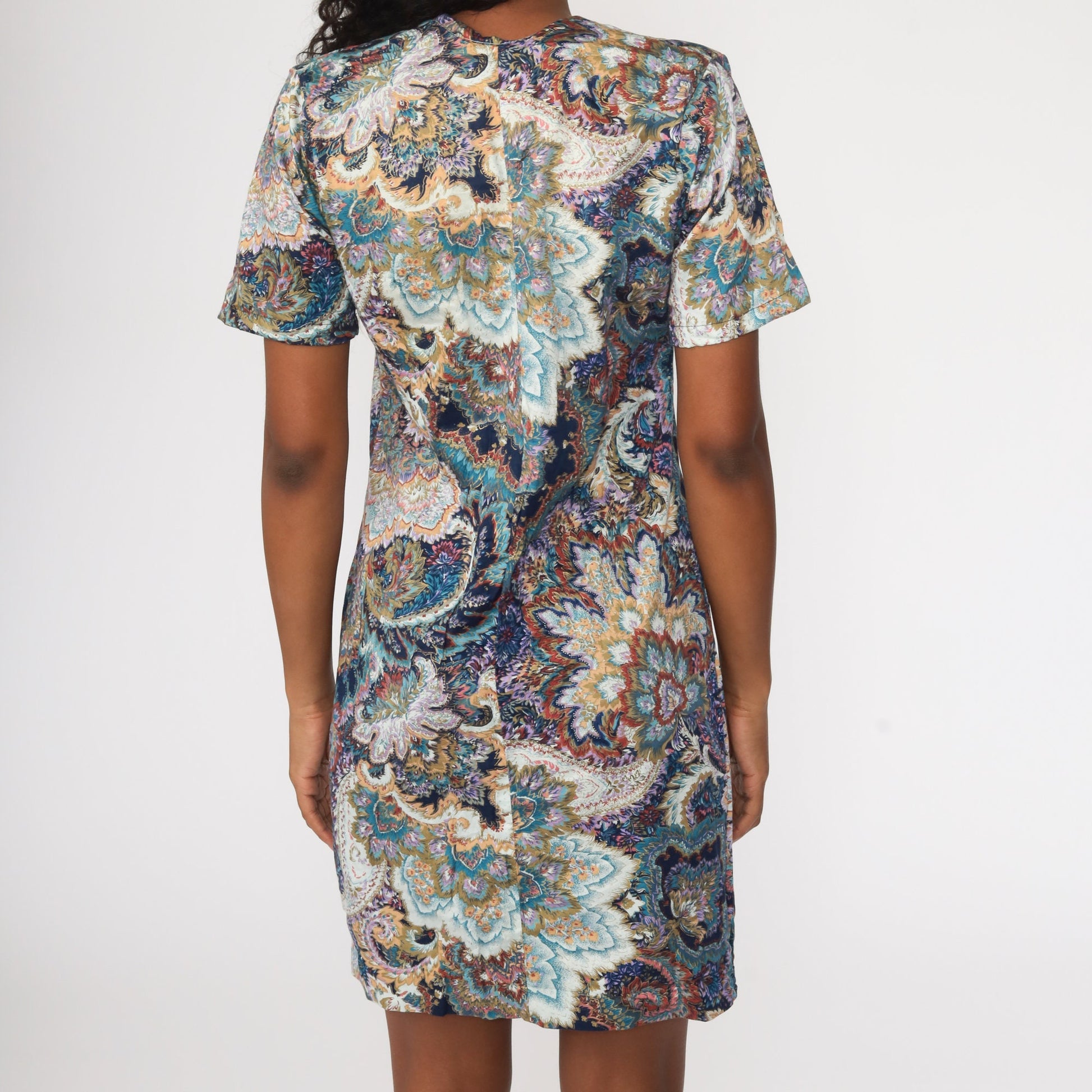 60s Psychedelic Paisley Shift Dress Mini V-Neck Blue Medium