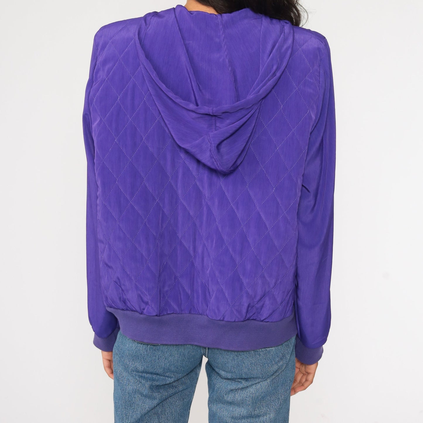 90s Purple Quilted Windbreaker Jacket Beaded Hooded Shell Large