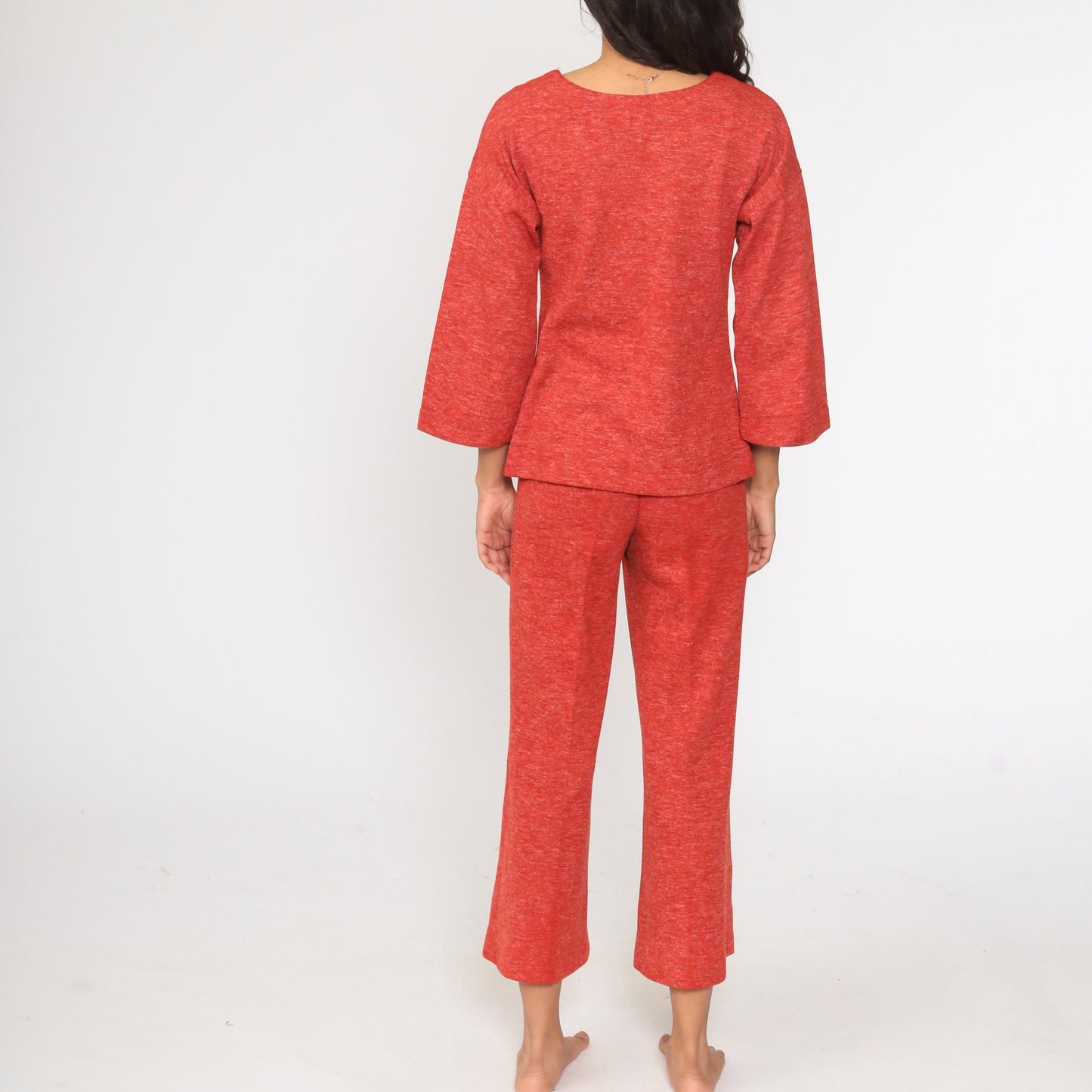 70s Red Bell Bottom Two Piece Set Long Sleeve Top Trousers Small