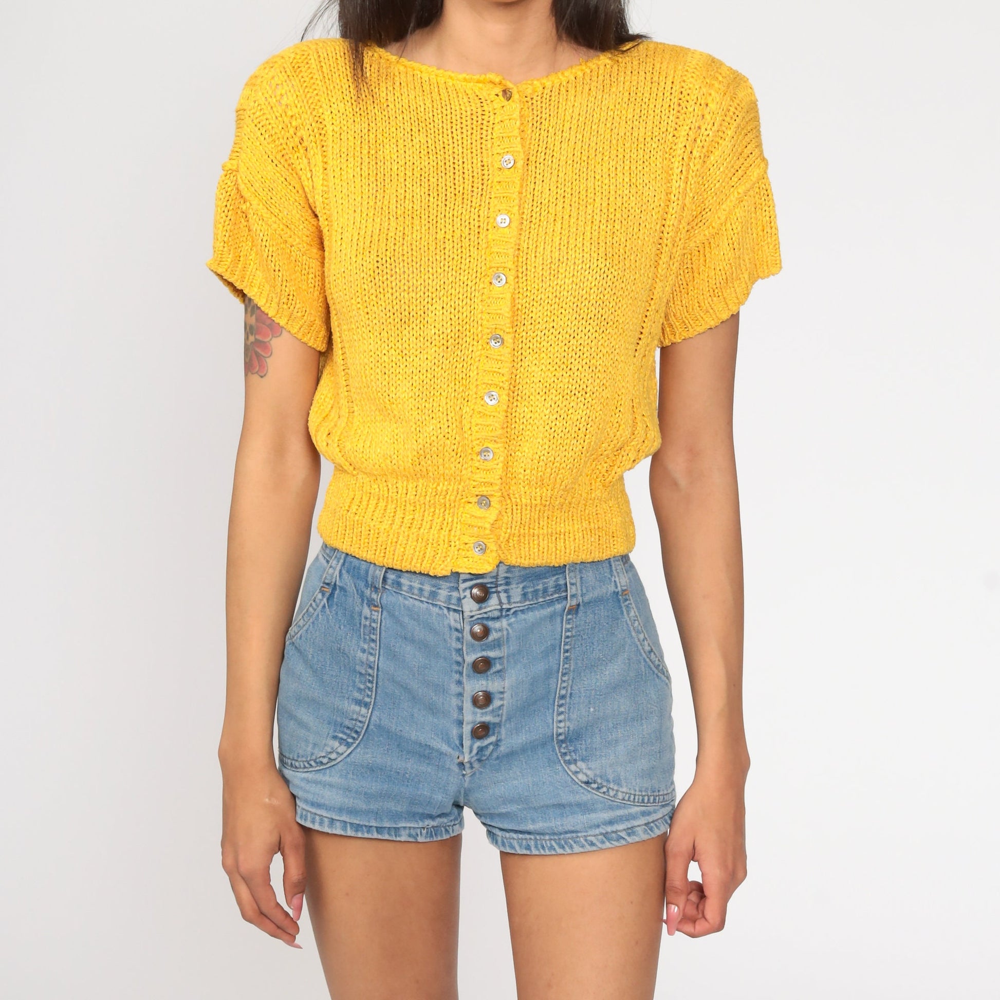 90s Golden Yellow Knit Cardigan Button-Up Short Sleeve Small Medium