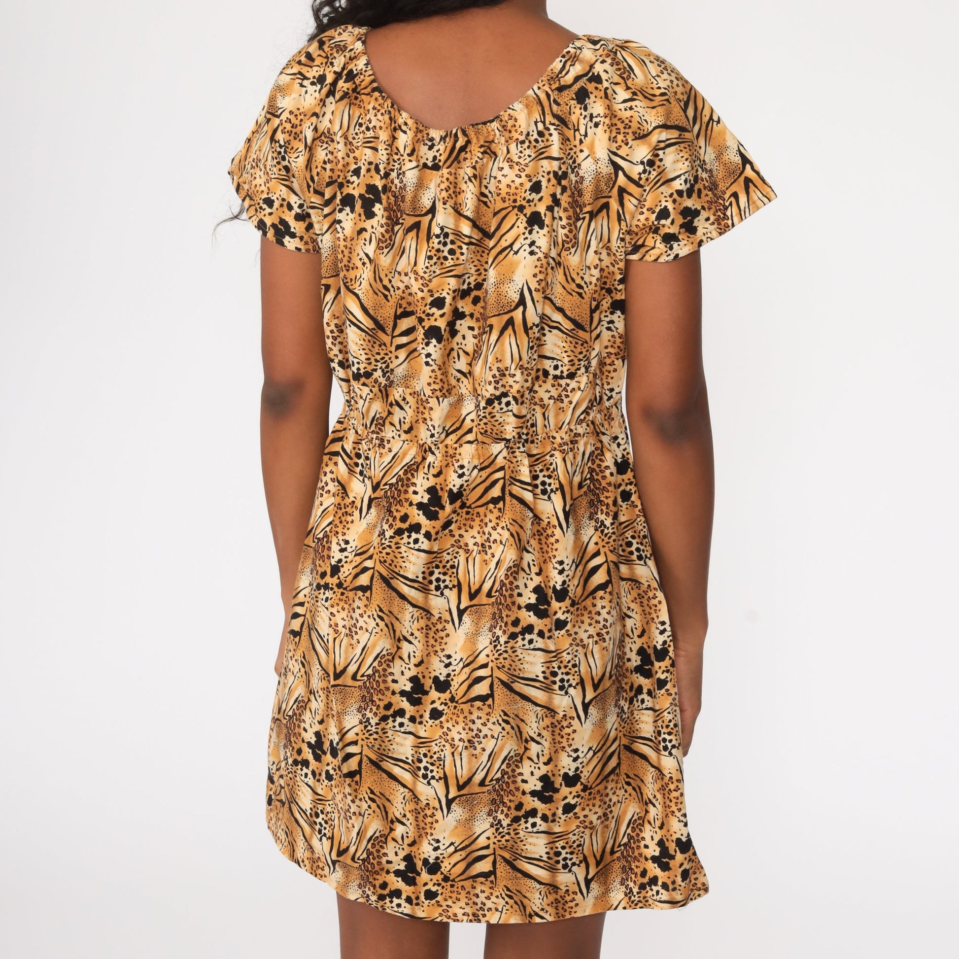 80s Leopard Print Babydoll Dress Empire Waist Mini Brown Cotton Medium Large
