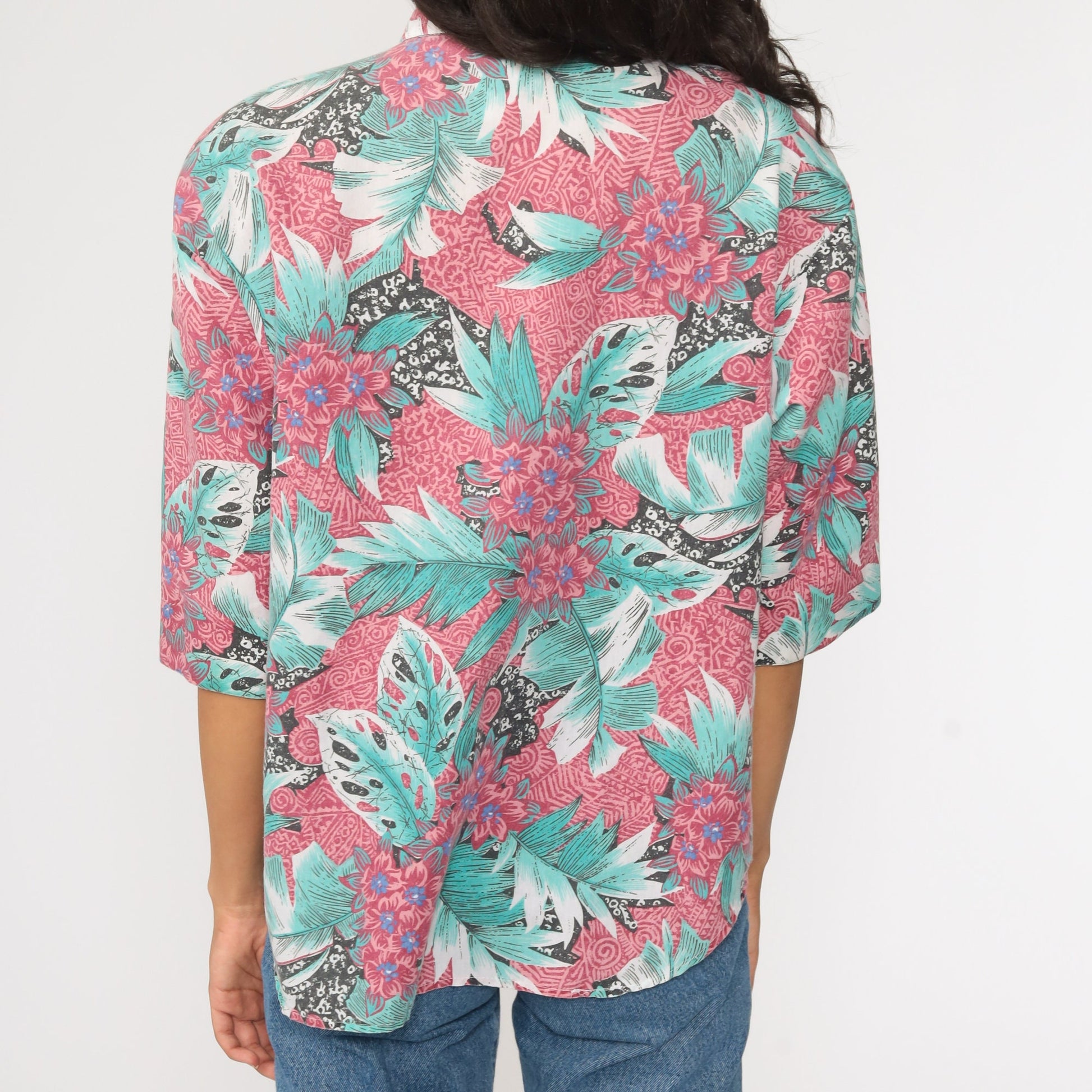 80s Tropical Floral Button-Up Shirt Green Pink Leaf Print Medium Large