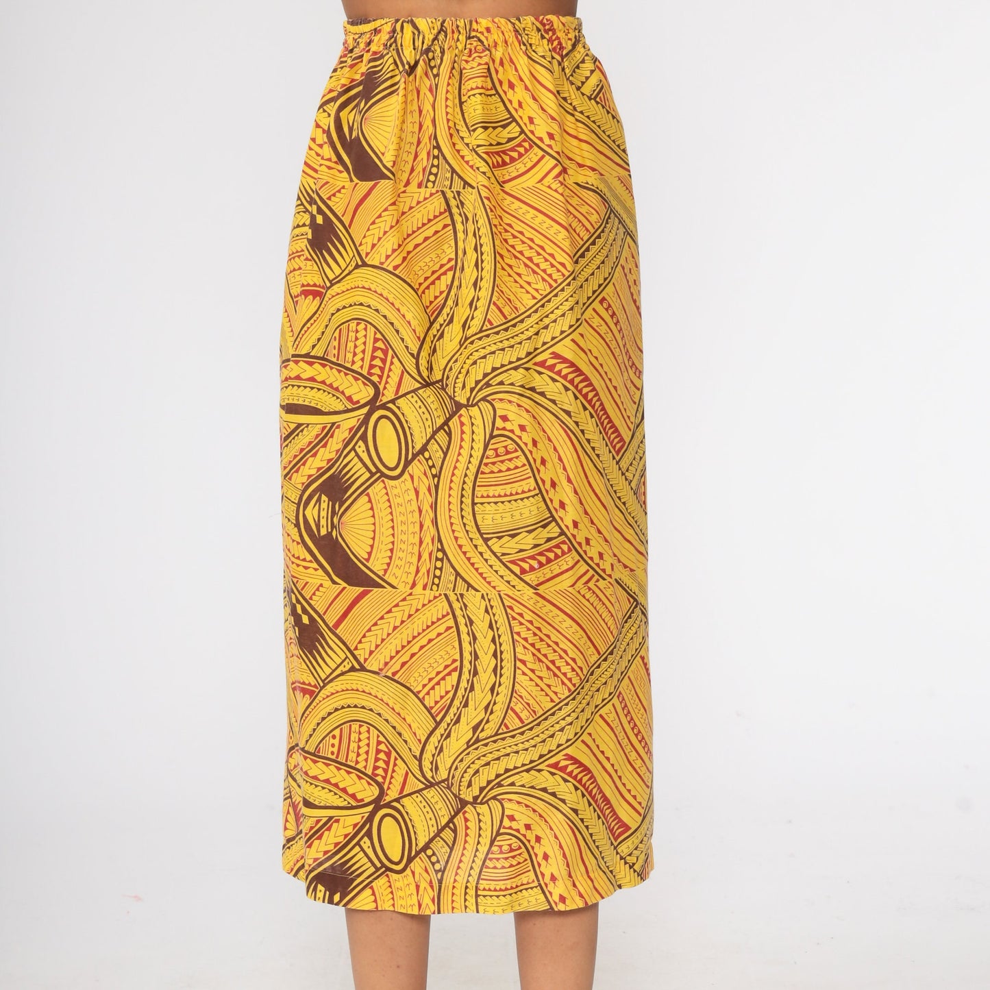80s African Print Yellow Midi Skirt Elastic Waist Small Medium