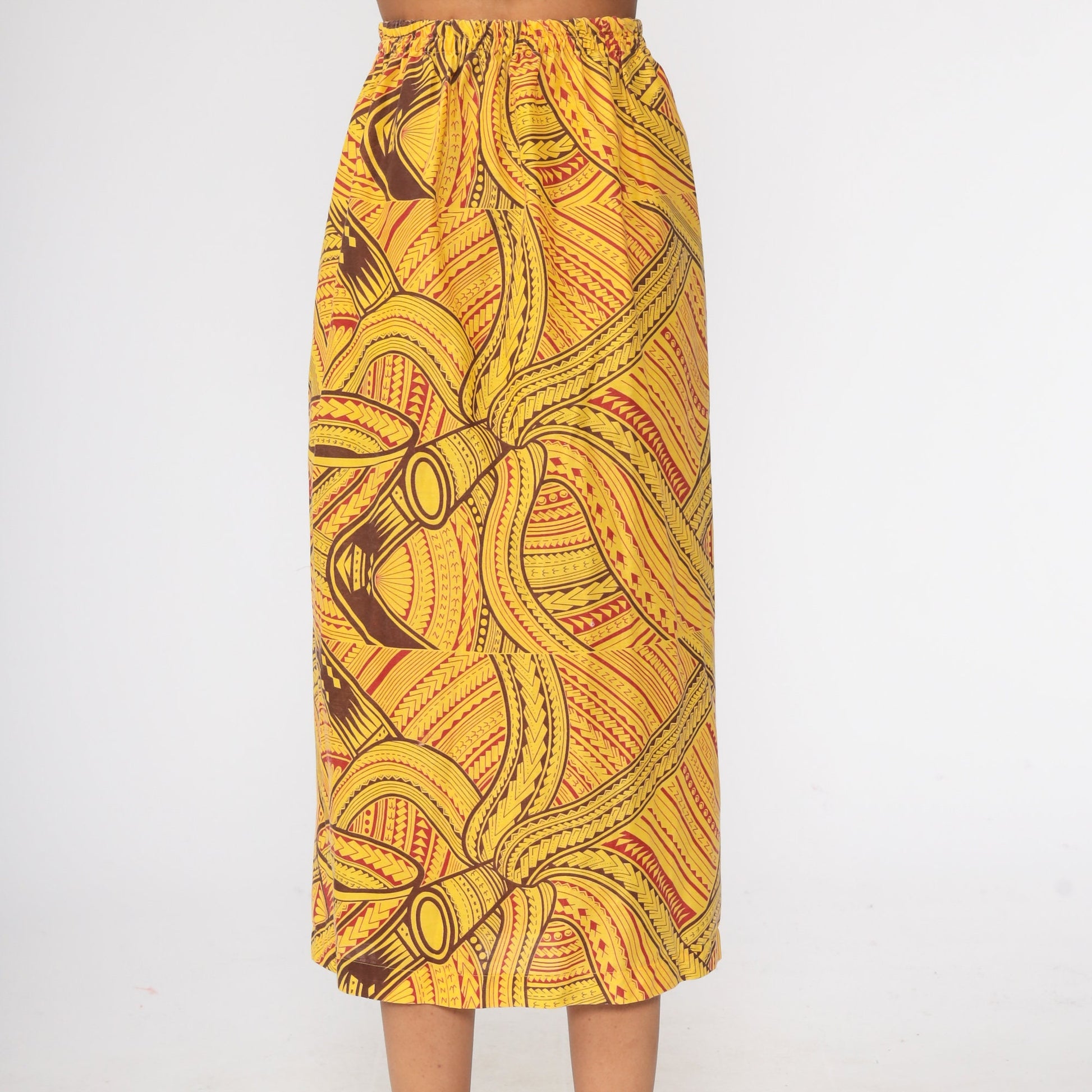 80s African Print Yellow Midi Skirt Elastic Waist Small Medium
