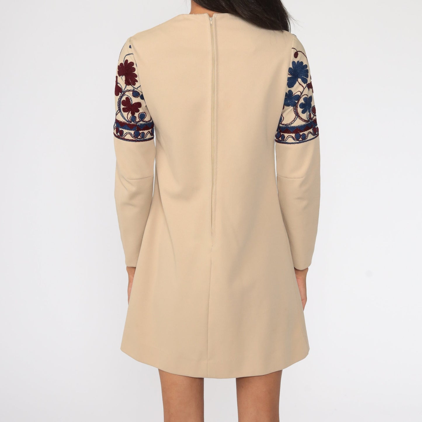 60s Vicky Vaughn Floral Embroidered Shift Mini Dress Tan Long Sleeve Small