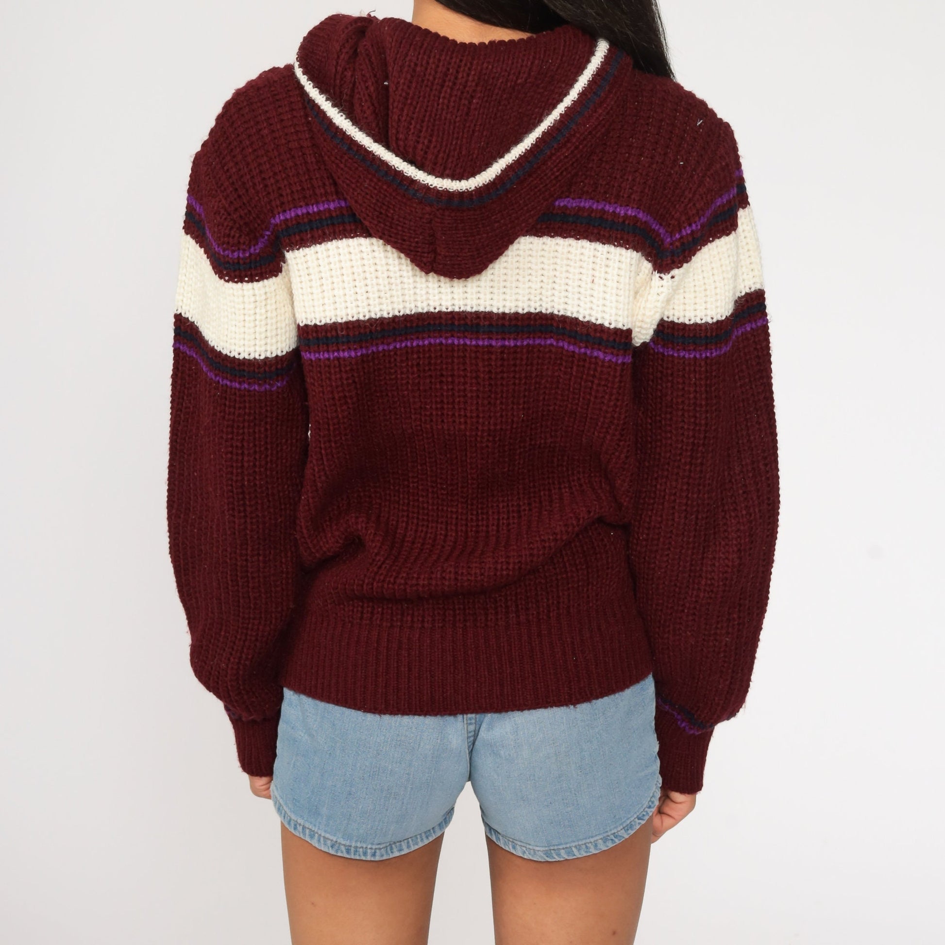 70s-80s Burgundy Striped Knit Hoodie Pullover Small Medium